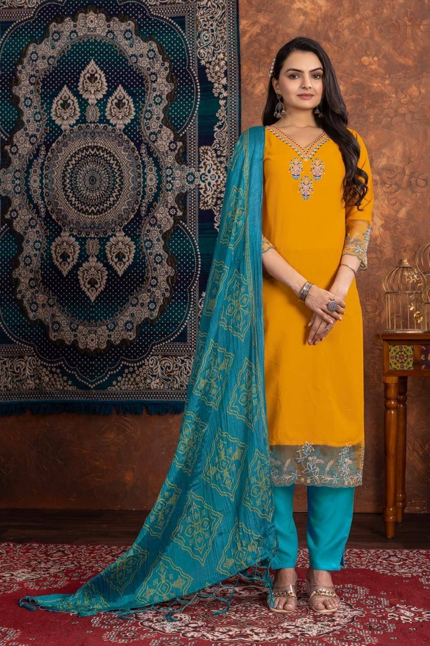 aplix Rayon Embroidered Kurti With Pants Women's Stitched Salwar Suit - Yellow ( Pack of 1 ) aplix Rayon Embroidered Kurti With Pants Women's Stitched Salwar Suit - Yellow ( Pack of 1 )