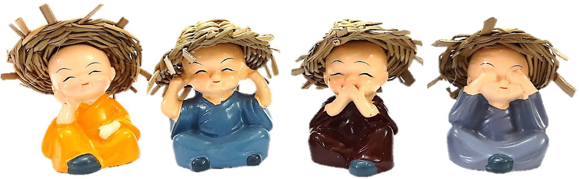     			AFTERSTITCH baby buddha hat monk idols set of 4 showpiece statue for car deshboard home office decor 6 cm