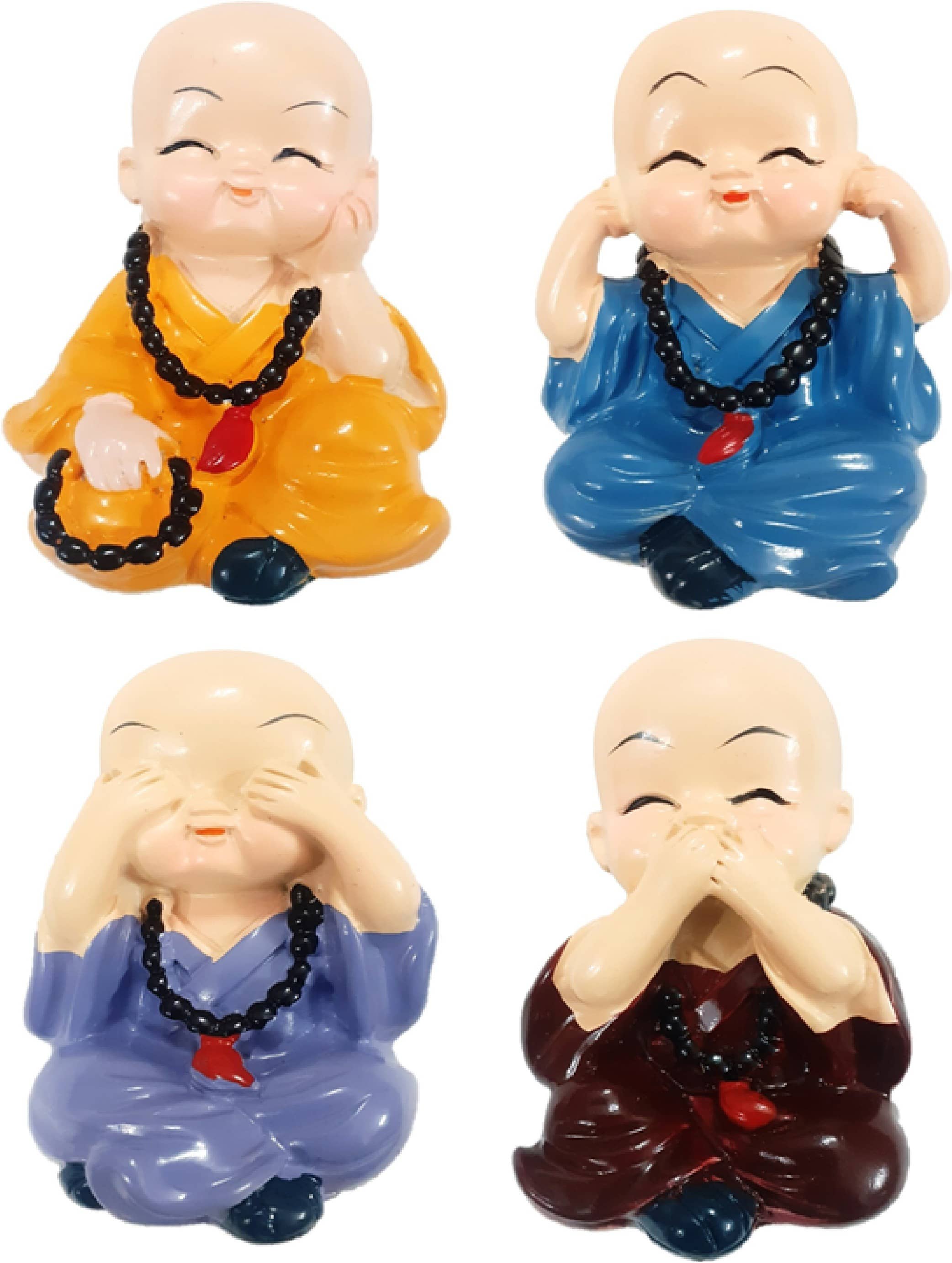 AFTERSTITCH Baby buddha monk set of 4 idol Mala statue for car deshboard Home decor Figurine 7 cm  (Pack of 4)