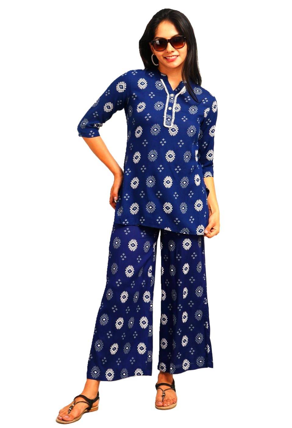 Auraori Rayon Printed Kurti With Palazzo Women's Stitched Salwar Suit - Blue,White ( Pack of 1 ) Auraori Rayon Printed Kurti With Palazzo Women's Stitched Salwar Suit - Blue,White ( Pack of 1 )