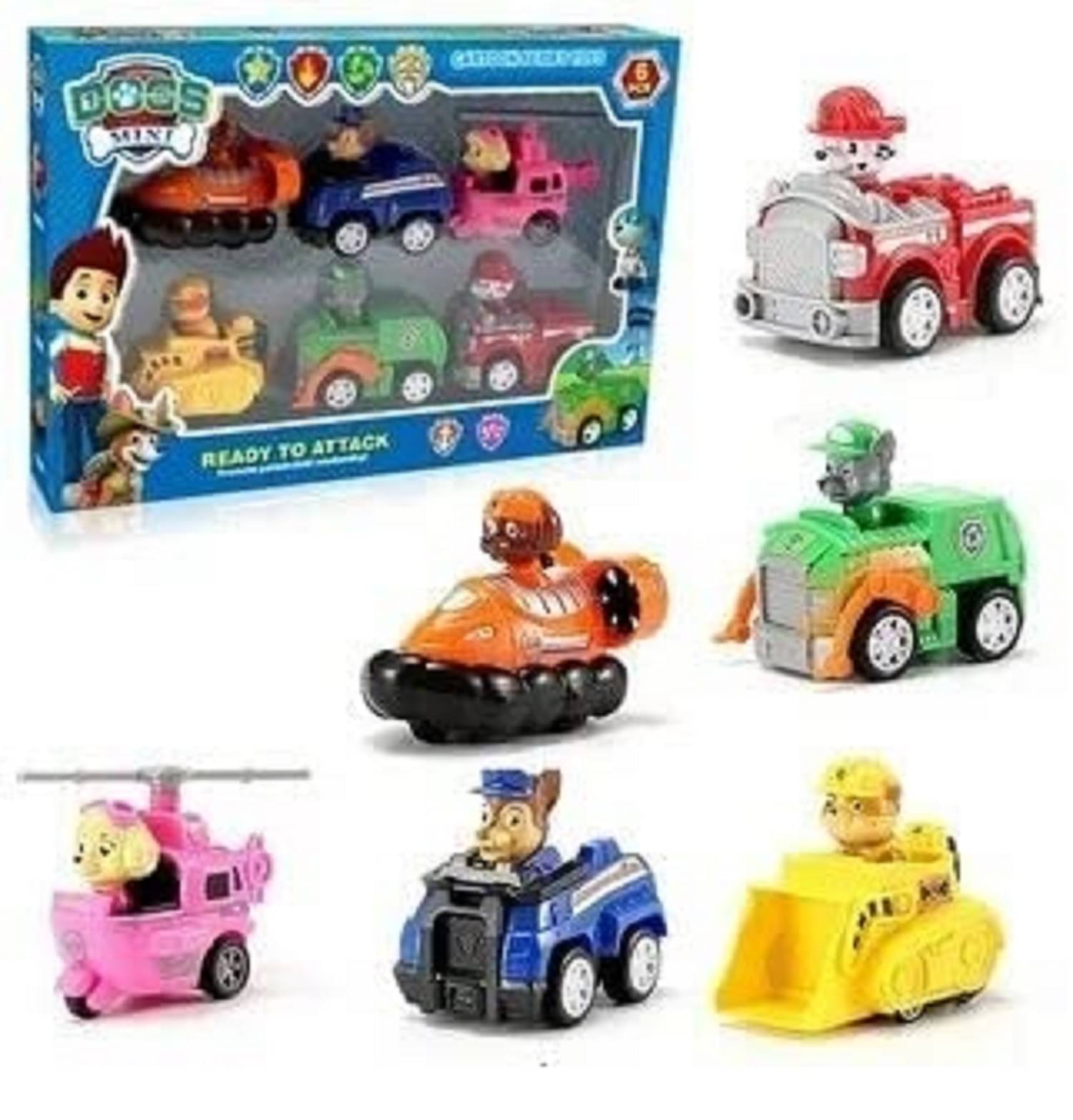     			DENFE  Rescue Team Action Figure Toys Set - 6pc Pup & Vehicle Friction Power Push Along Toys, Interactive Playset for Kids, Durable & Safe, Encourages Team Play