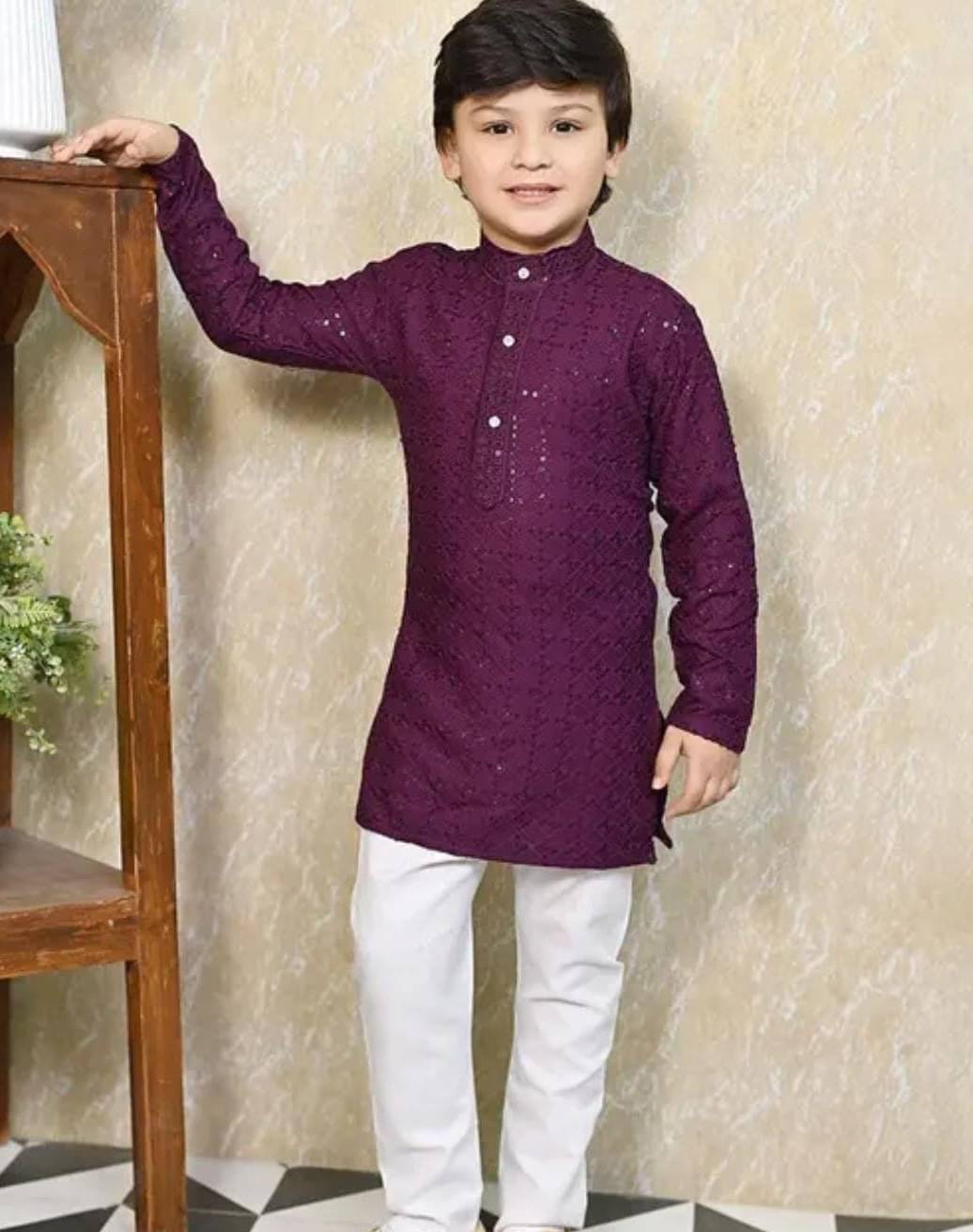 IMON BASID Boys Cotton Blend Sequined - Pattern Kurta Pyjama Set ( Purple , Pack of 1 )     			IMON BASID Boys Cotton Blend Sequined - Pattern Kurta Pyjama Set ( Purple , Pack of 1 )