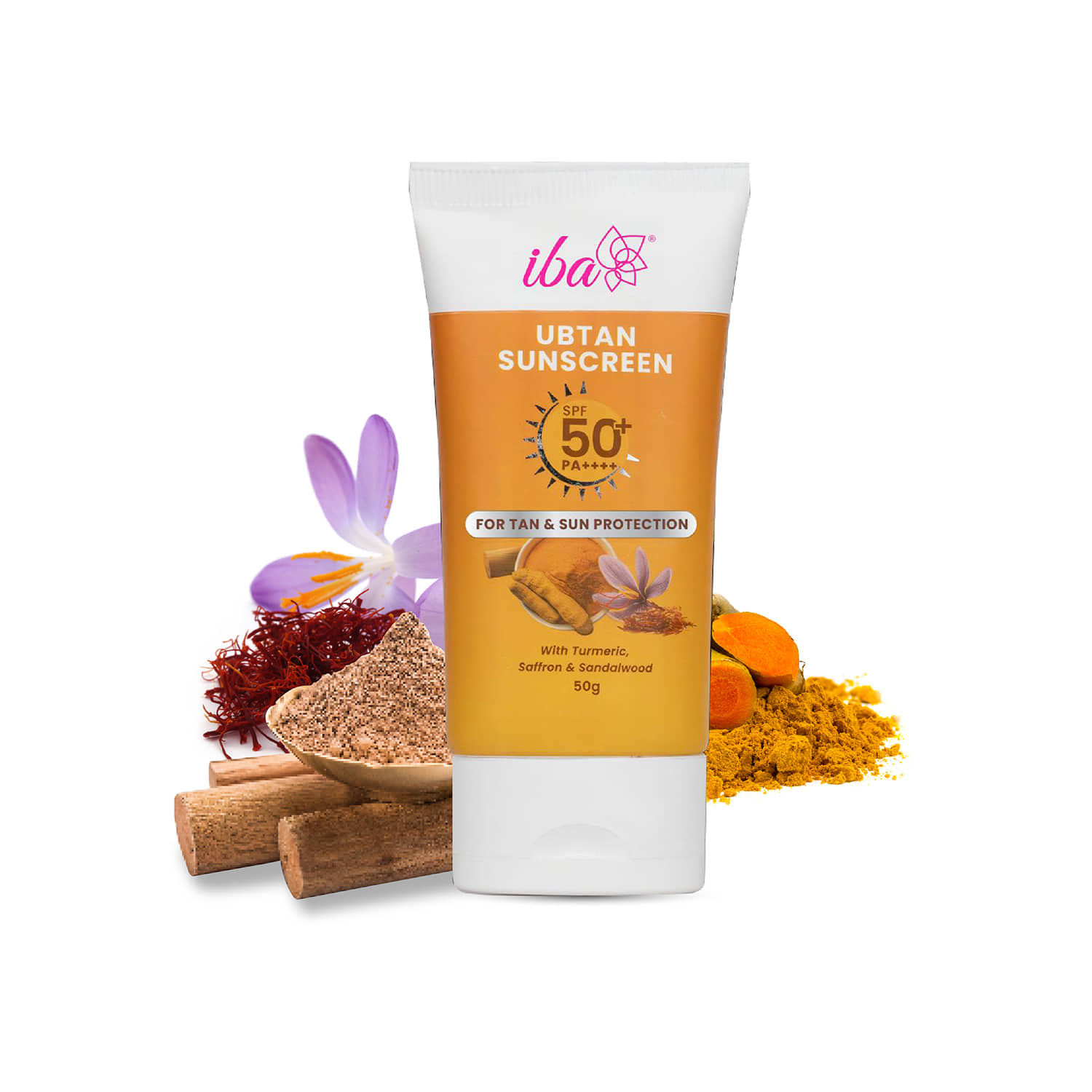 Iba Ubtan Sunscreen, SPF 50 PA++++ with Tumeric, Saffron, Sandalwood, For UVA & UVB Protection, 50g, (Pack of 1)