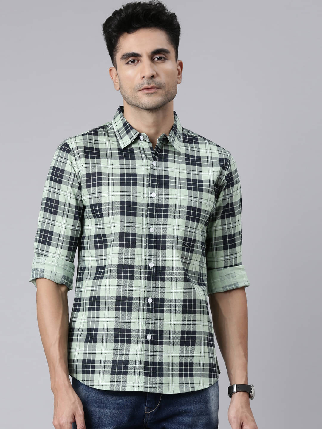     			Lucky Roger Cotton Blend Regular Fit Checks Full Sleeves Men's Casual Shirt - Light Green ( Pack of 1 )