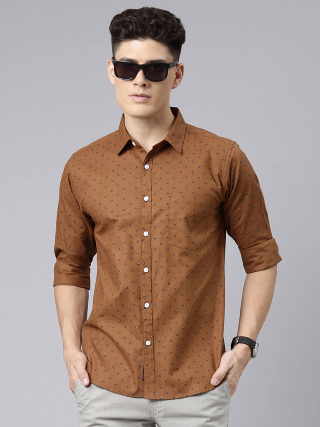     			Lucky Roger Cotton Blend Regular Fit Printed Full Sleeves Men's Casual Shirt - Brown ( Pack of 1 )