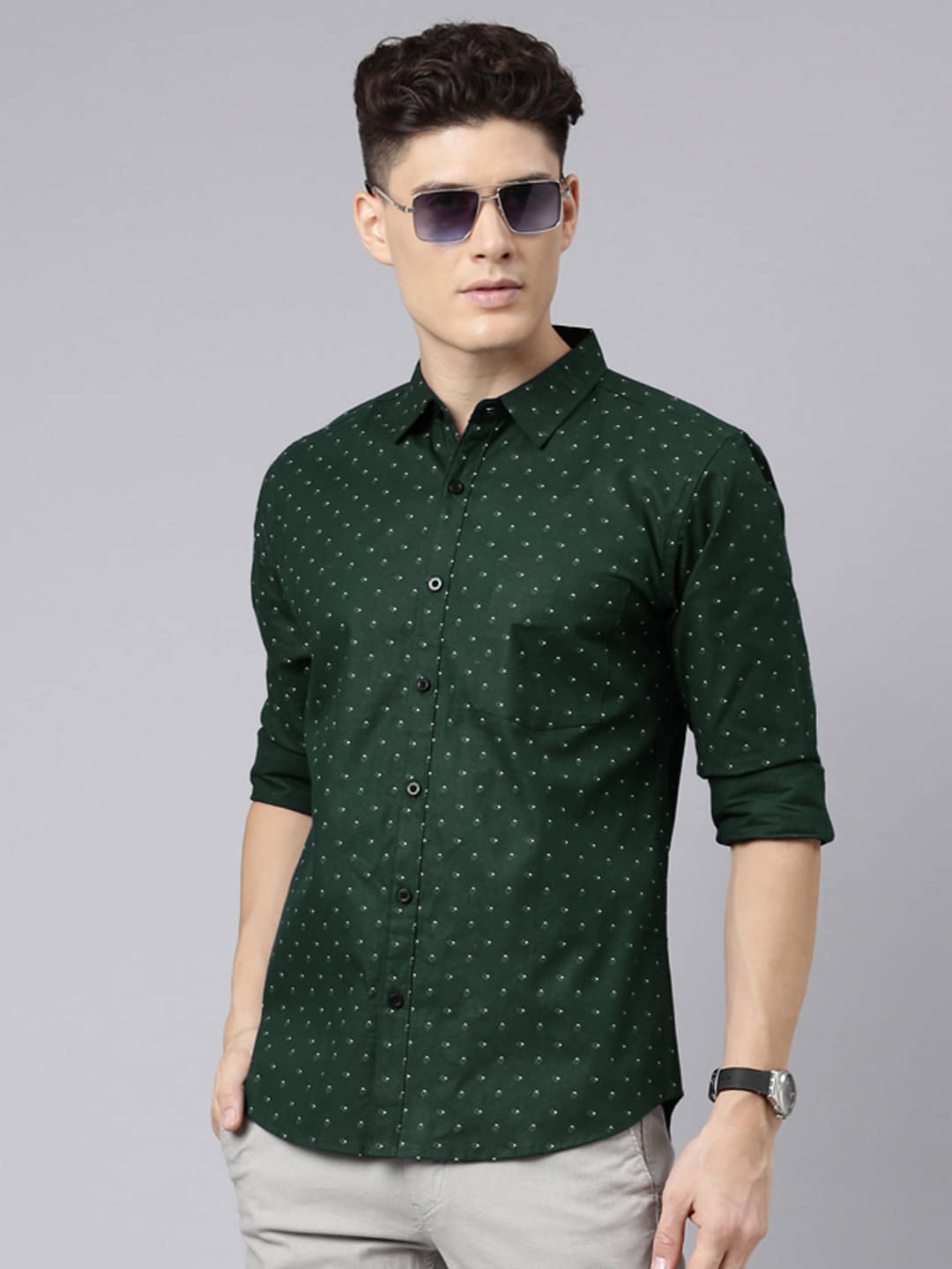     			Lucky Roger Cotton Blend Regular Fit Printed Full Sleeves Men's Casual Shirt - Dark Green ( Pack of 1 )