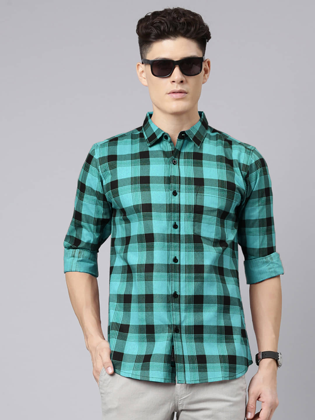 Lucky Roger Cotton Blend Regular Fit Checks Full Sleeves Men's Casual Shirt - Teal ( Pack of 1 )