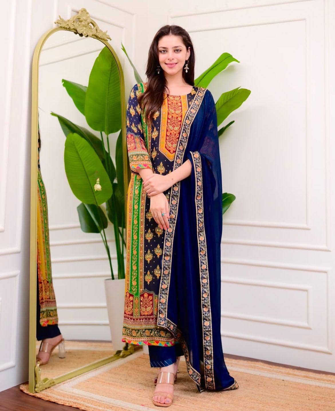 Mahek Fashion Chanderi Printed Kurti With Pants Women's Stitched Salwar Suit - Navy Blue ( Pack of 1 )