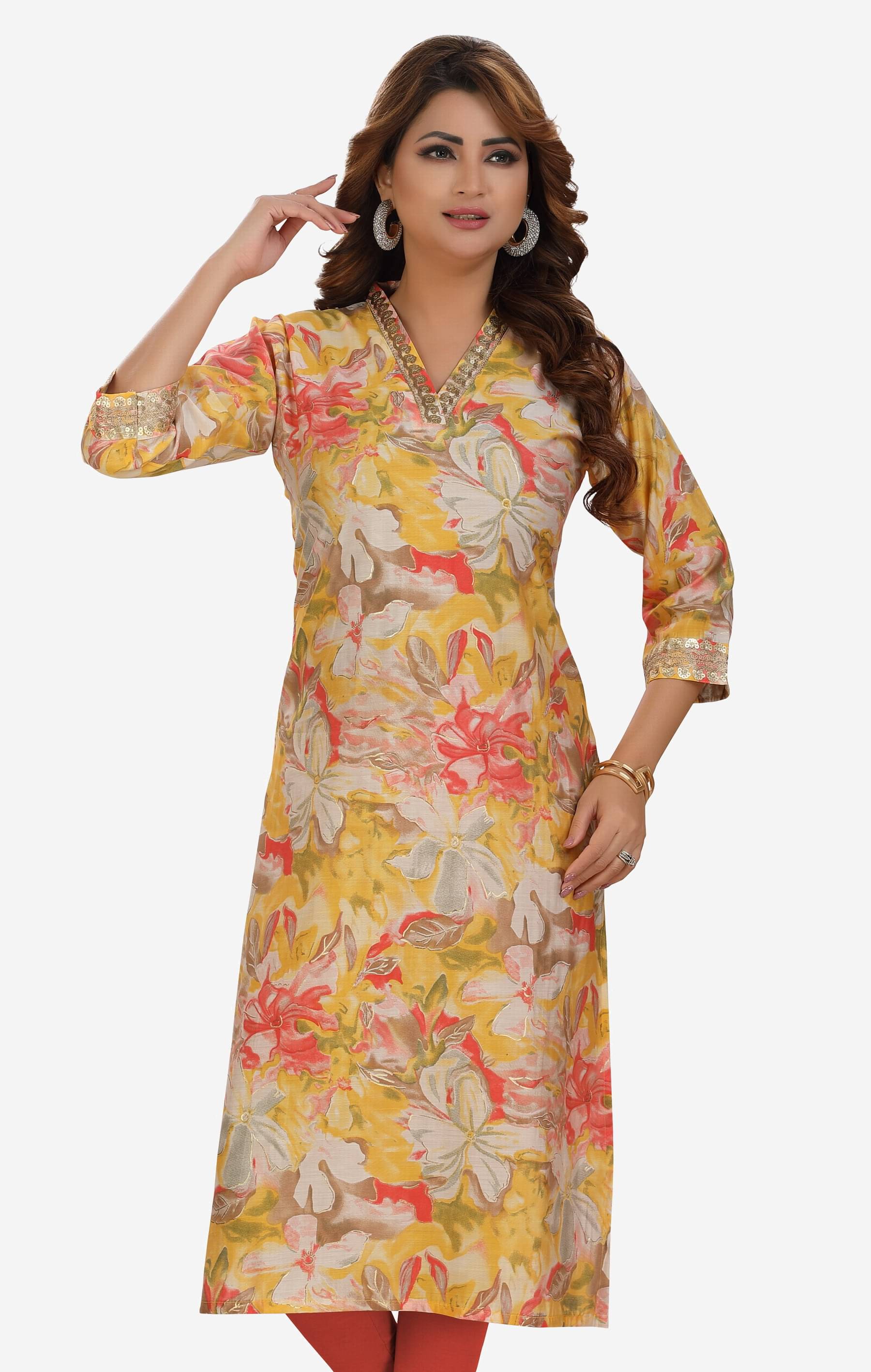 Meher Impex Pack of 1 Chanderi Printed Straight Women's Kurti - ( Multicoloured ) Meher Impex Pack of 1 Chanderi Printed Straight Women's Kurti - ( Multicoloured )