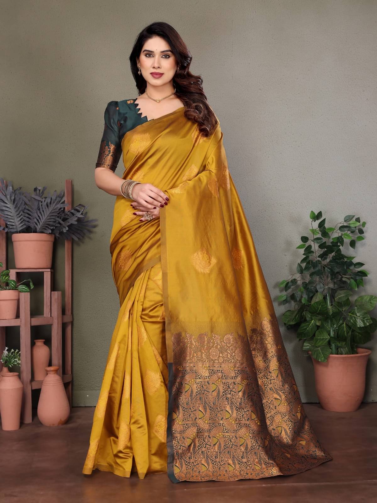 PHORIA STYLE Banarasi Silk Woven Saree With Unstitched Blouse Piece ( Mustard ) PHORIA STYLE Banarasi Silk Woven Saree With Unstitched Blouse Piece ( Mustard )