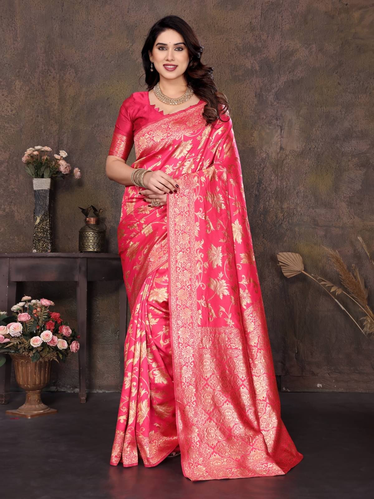 PHORIA STYLE Banarasi Silk Woven Saree With Unstitched Blouse Piece ( Pink ) PHORIA STYLE Banarasi Silk Woven Saree With Unstitched Blouse Piece ( Pink )