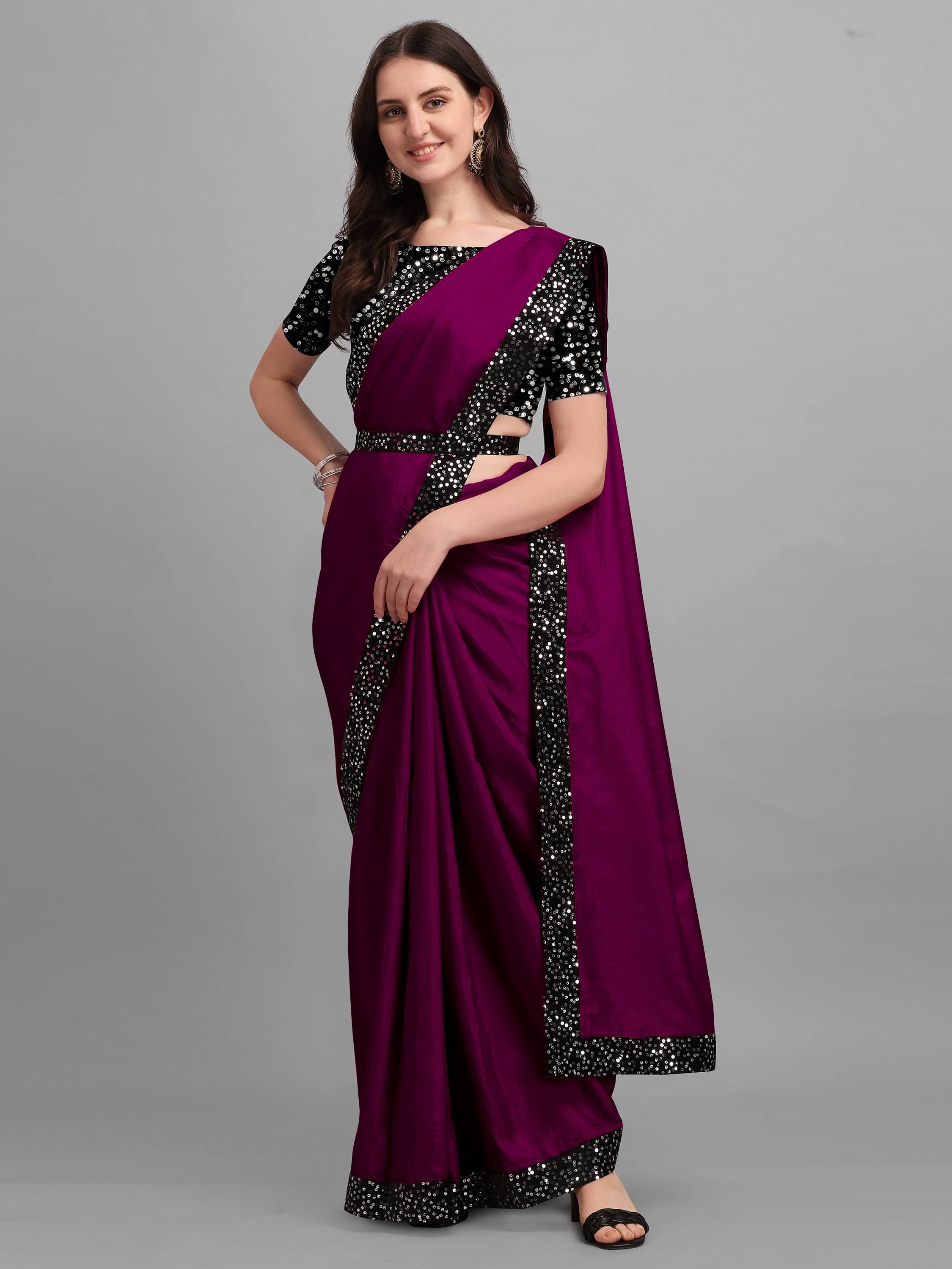 Parmila Fashion Chiffon Embellished Saree With Unstitched Blouse Piece ( Black ) - Sarees | Buy online on ZillyBuy