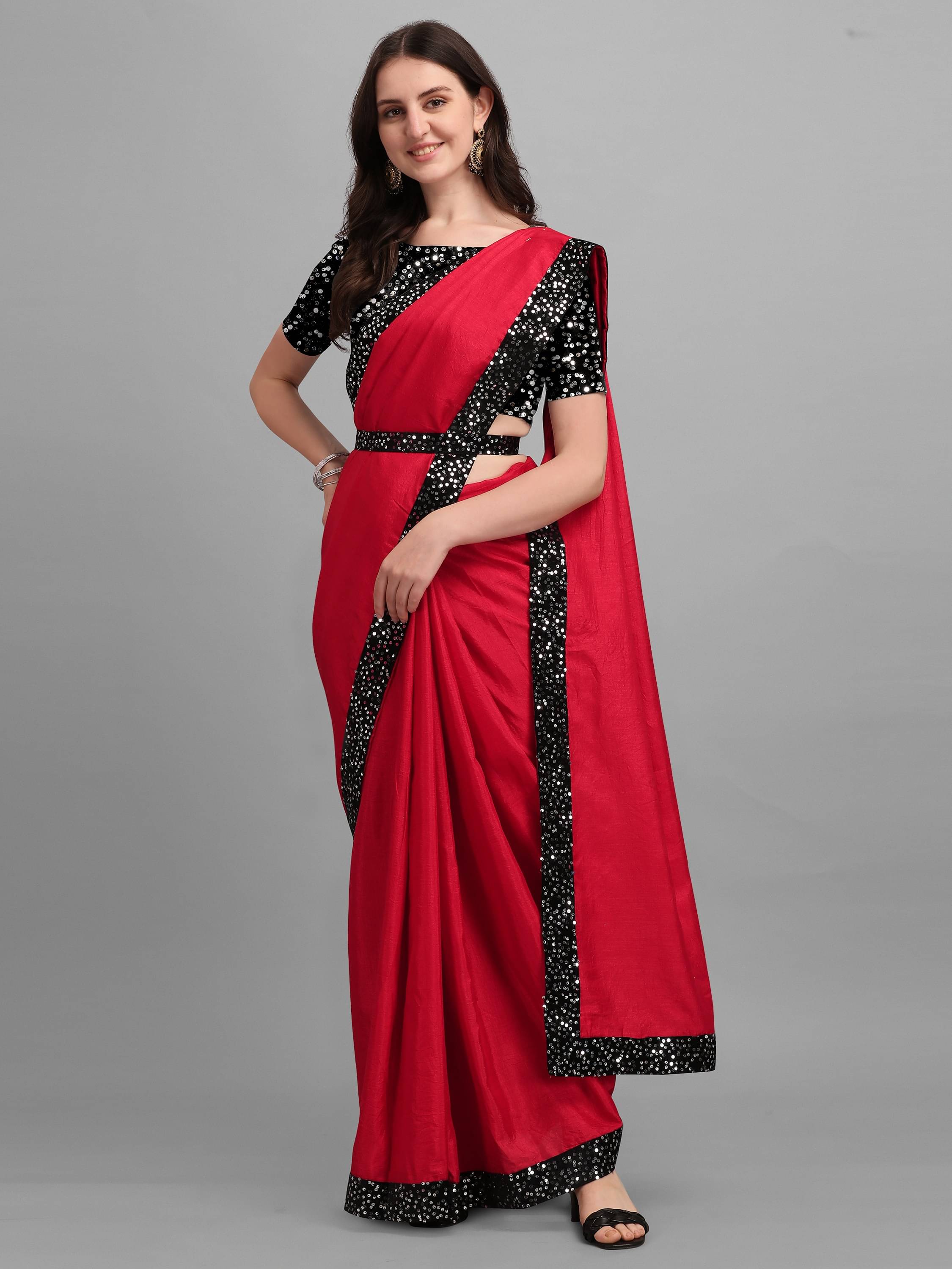    			Parmila Fashion Chiffon Embellished Saree With Unstitched Blouse Piece ( Red )