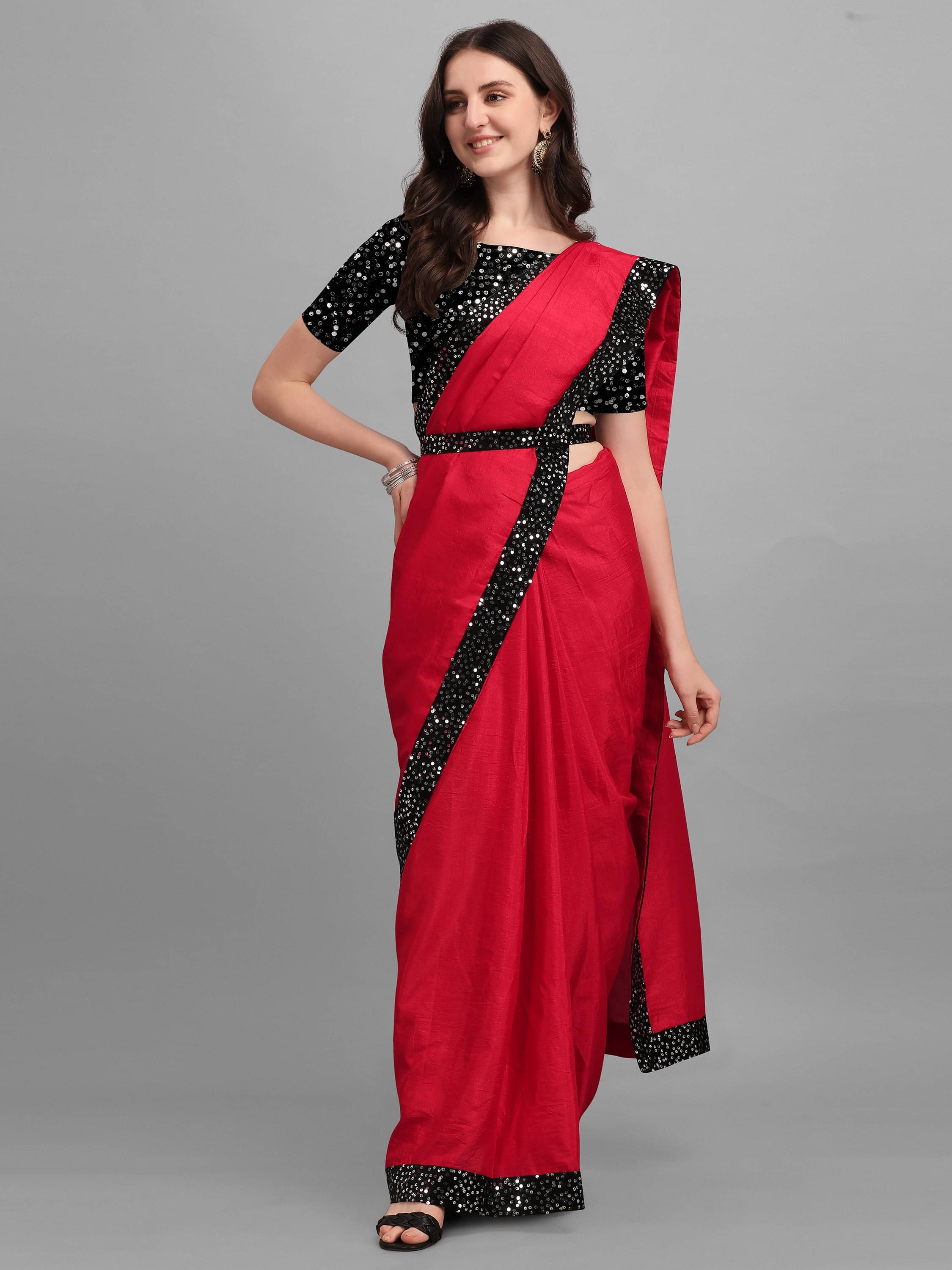     			Parmila Fashion Chiffon Embellished Saree With Unstitched Blouse Piece ( Red )
