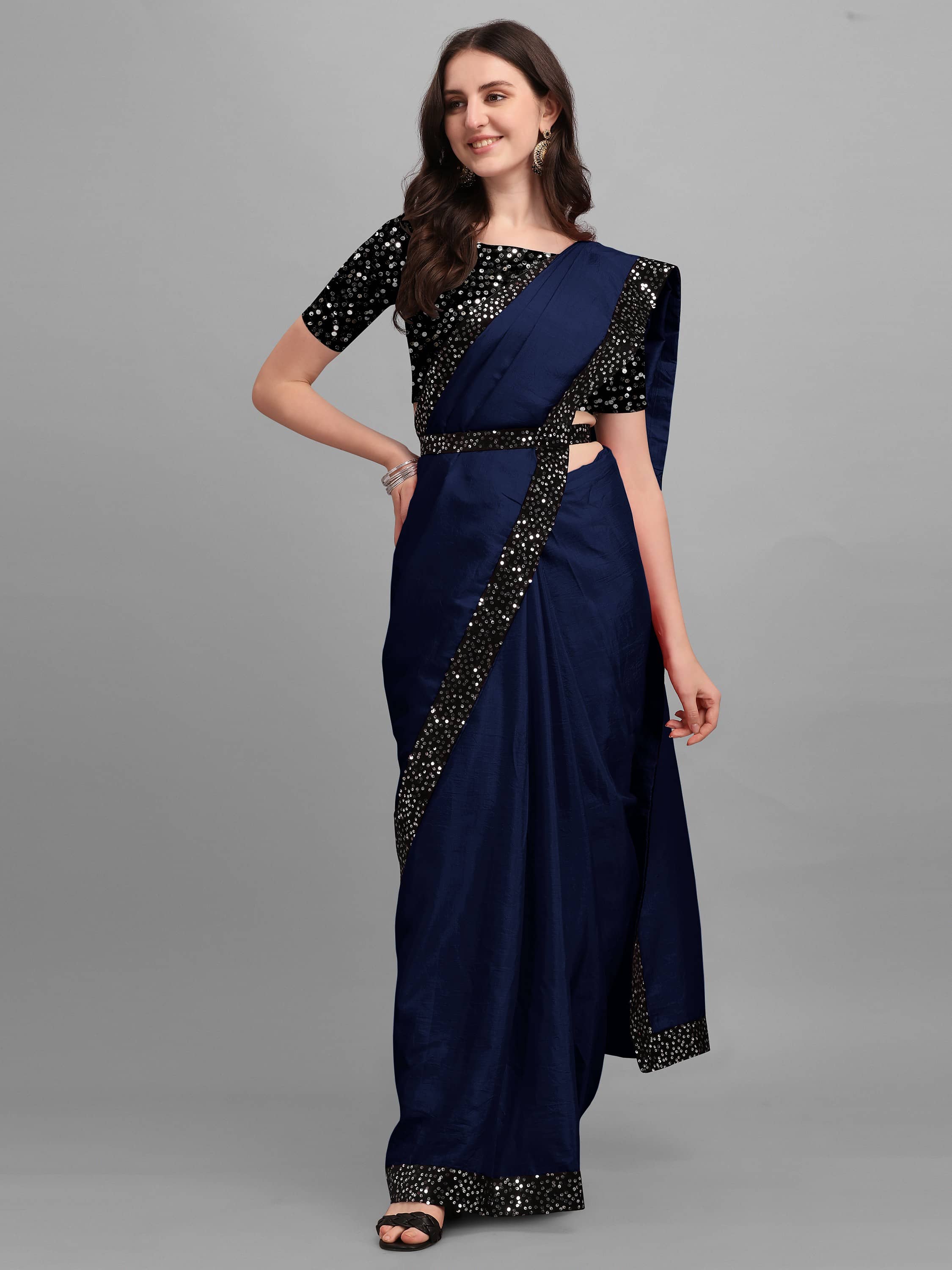 Parmila Fashion Chiffon Embellished Saree With Unstitched Blouse Piece ( Navy Blue ) - Sarees | Buy online on ZillyBuy