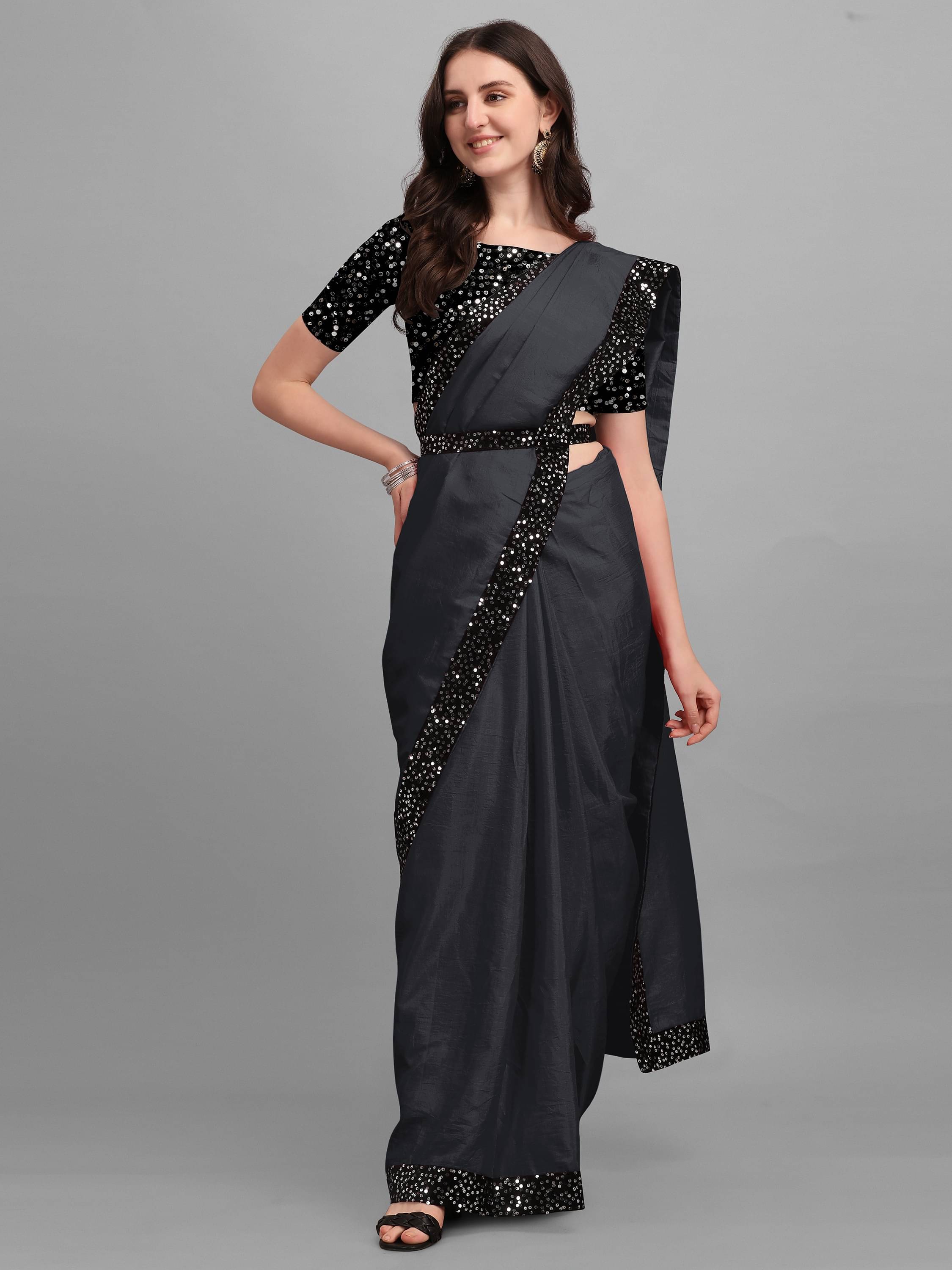    			Parmila Fashion Chiffon Embellished Saree With Unstitched Blouse Piece ( Black )