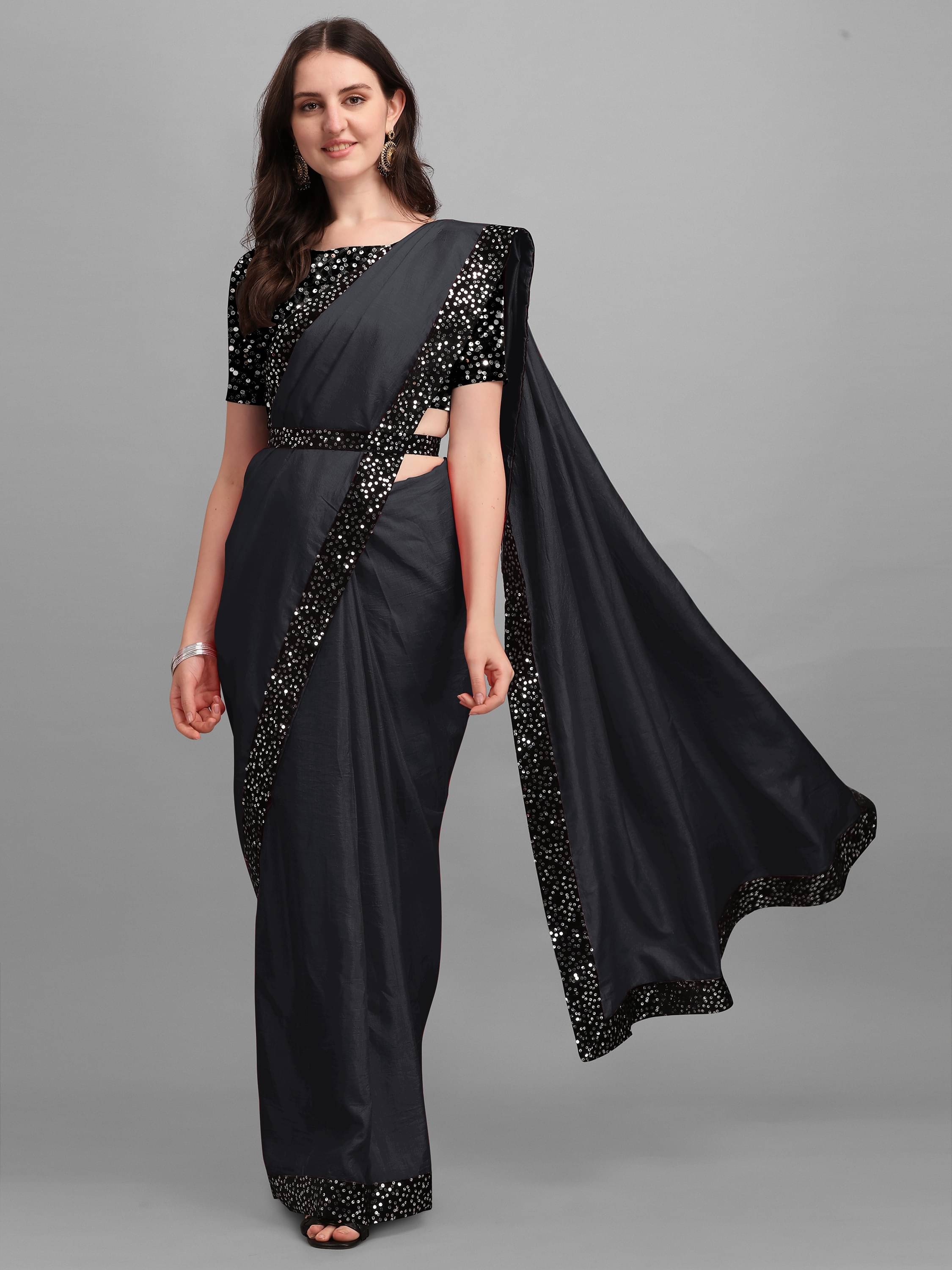 Parmila Fashion Chiffon Embellished Saree With Unstitched Blouse Piece ( Black )     			Parmila Fashion Chiffon Embellished Saree With Unstitched Blouse Piece ( Black )