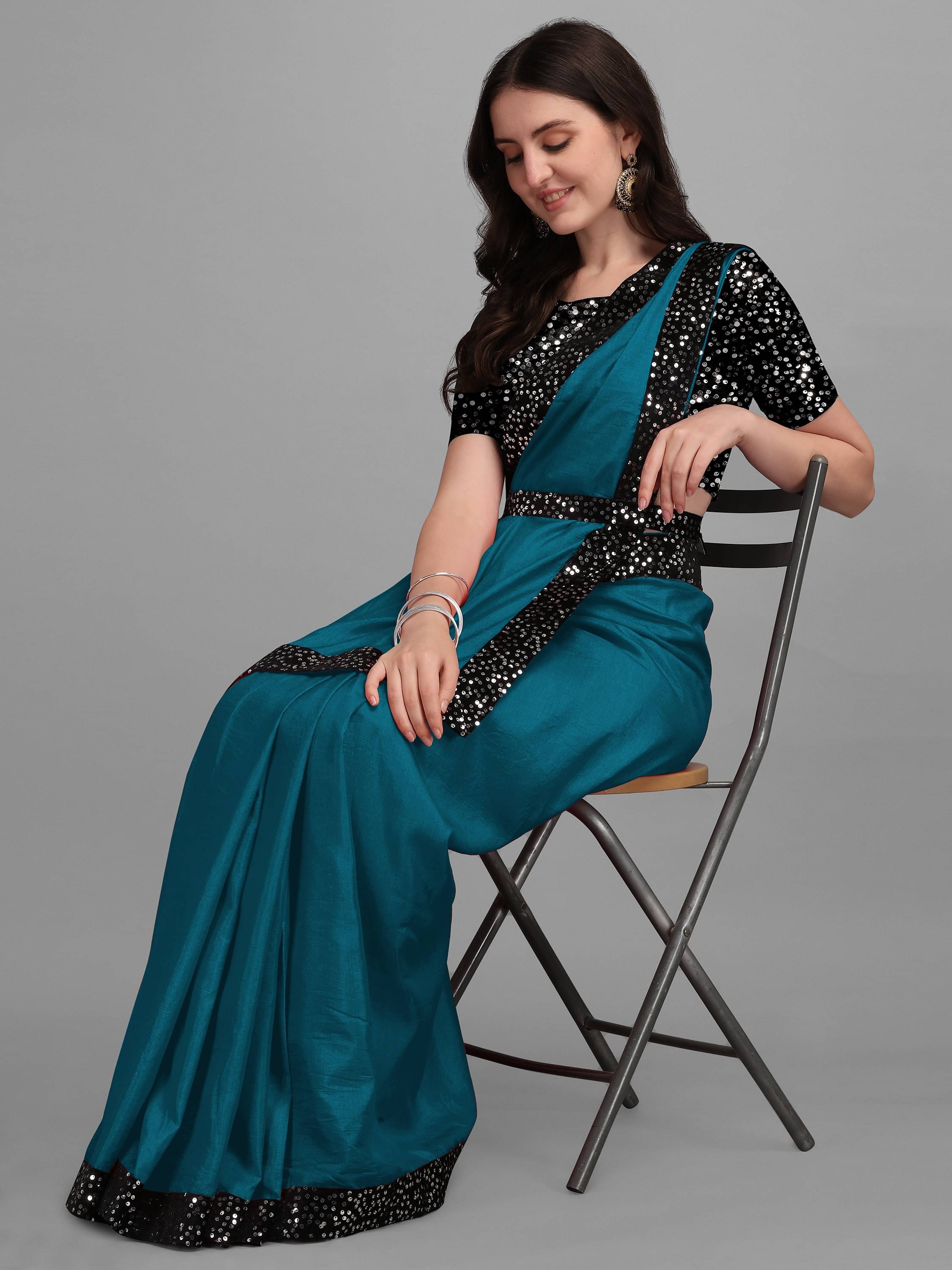 Parmila Fashion Chiffon Embellished Saree With Unstitched Blouse Piece ( Teal ) Parmila Fashion Chiffon Embellished Saree With Unstitched Blouse Piece ( Teal )