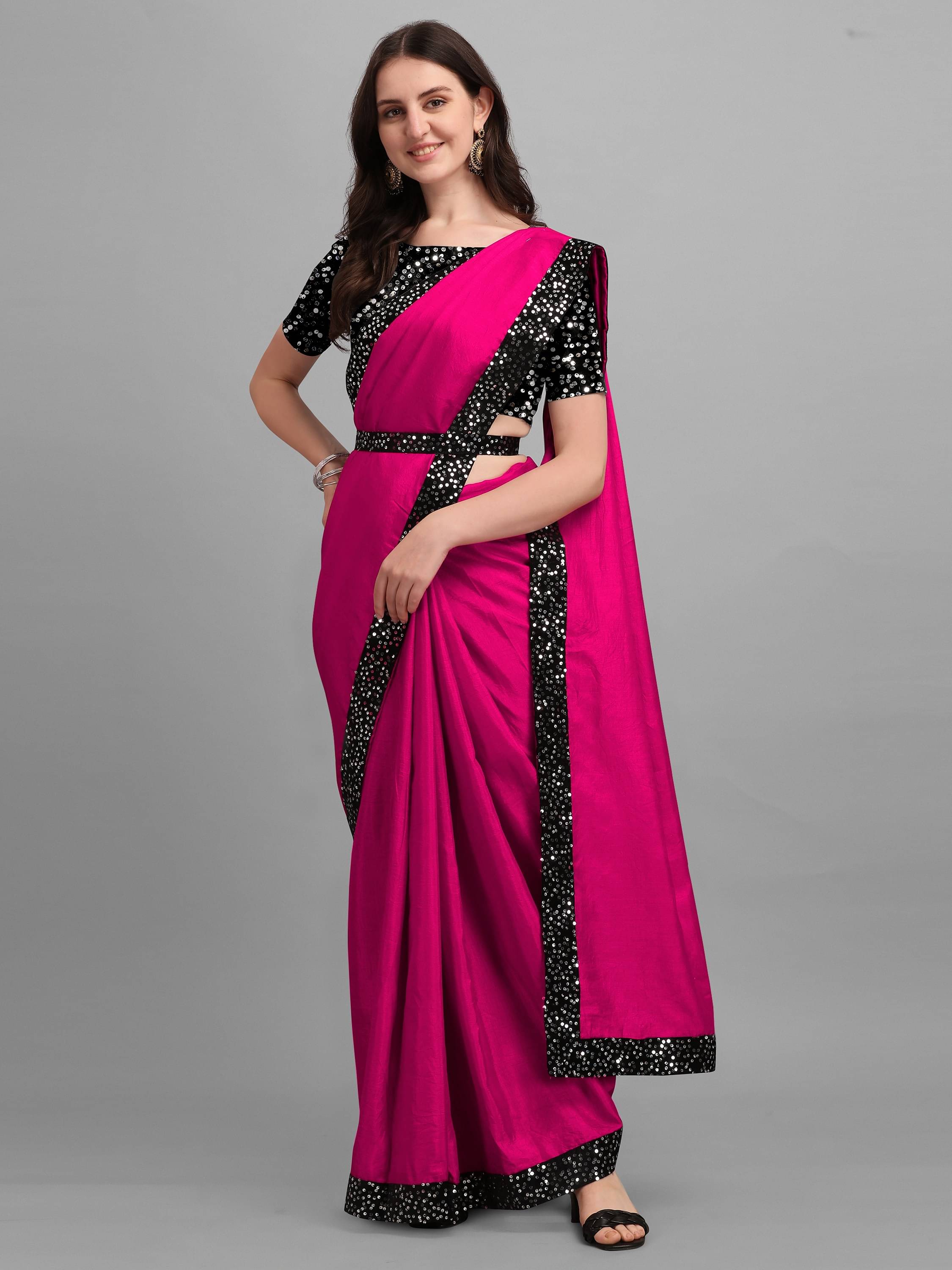     			Parmila Fashion Chiffon Embellished Saree With Unstitched Blouse Piece ( Pink )