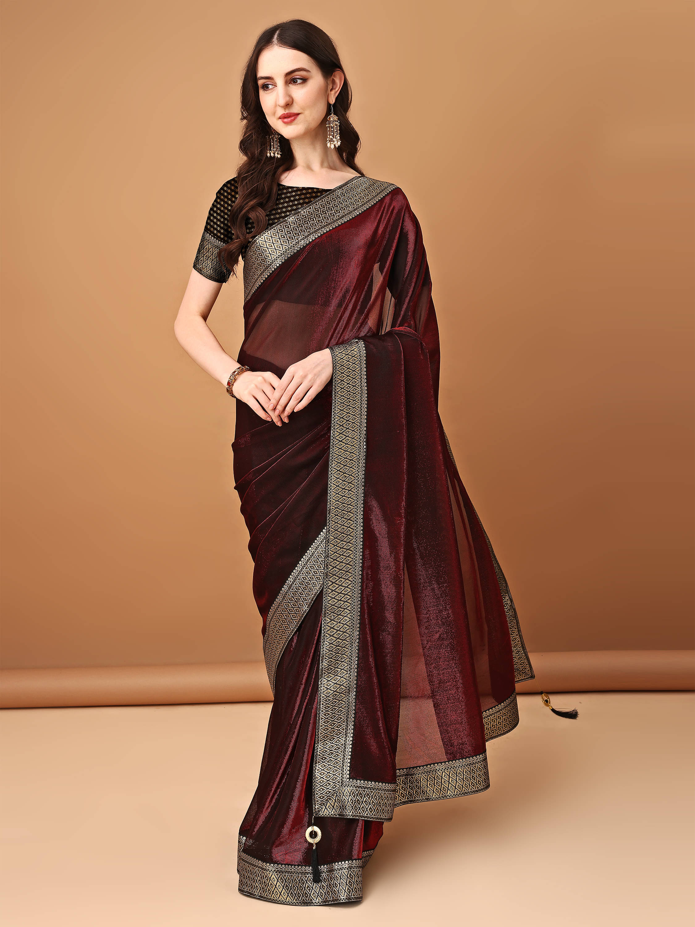 Parmila Fashion Lycra Embellished Saree With Unstitched Blouse Piece ( Maroon )     			Parmila Fashion Lycra Embellished Saree With Unstitched Blouse Piece ( Maroon )