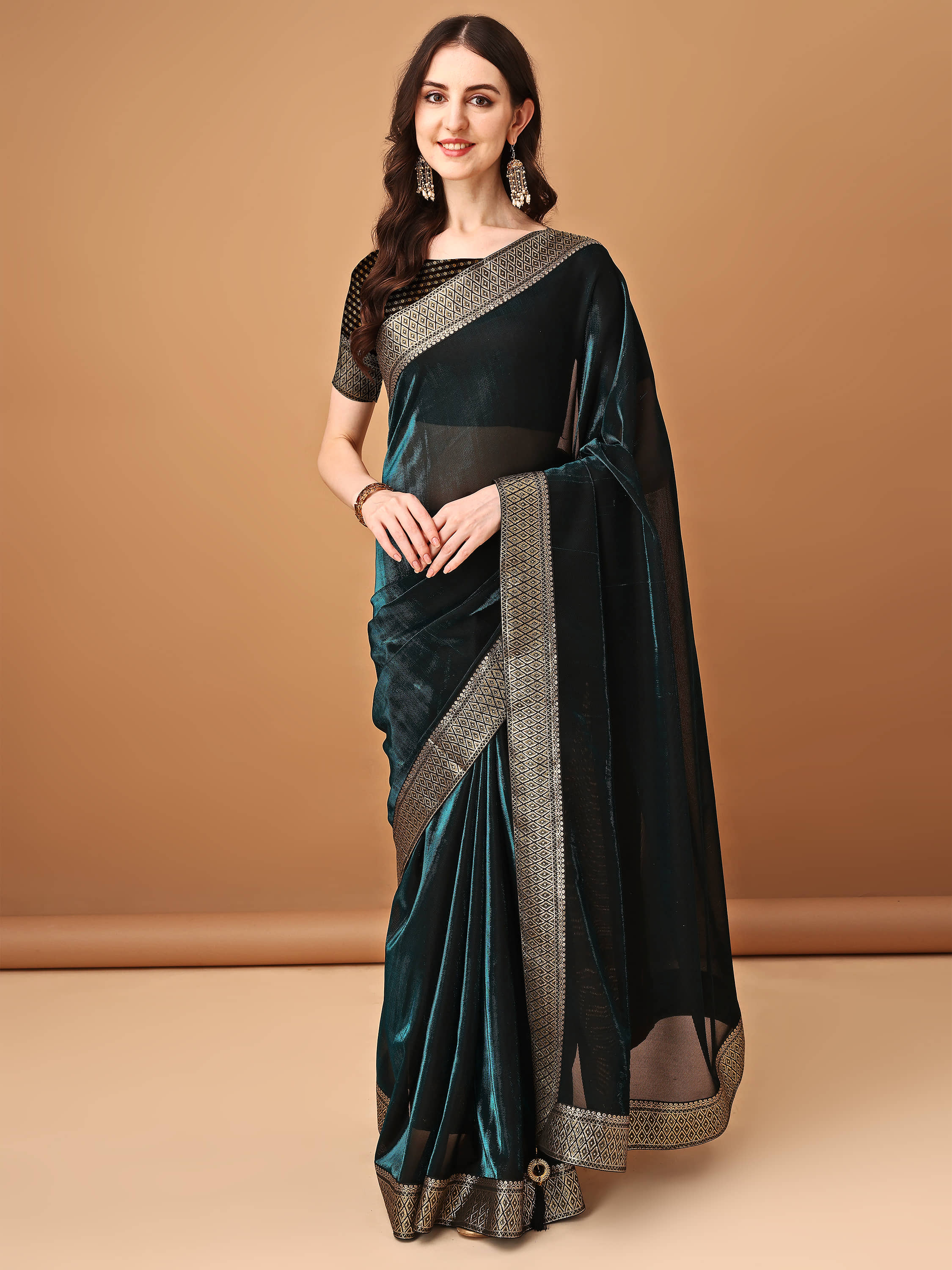 Parmila Fashion Lycra Embellished Saree With Unstitched Blouse Piece ( Teal ) - Sarees | Buy online on ZillyBuy