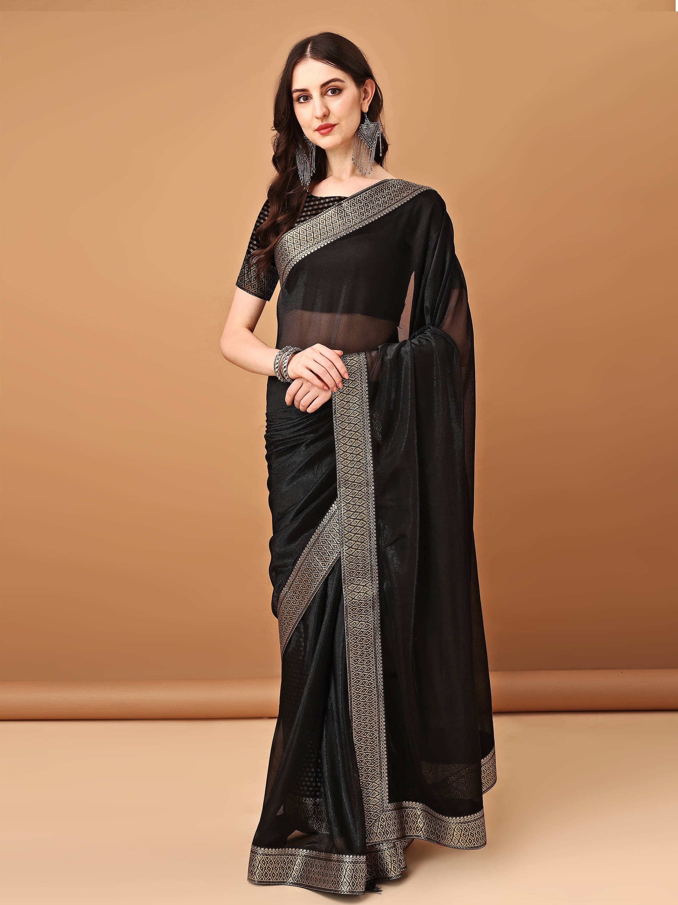     			Parmila Fashion Lycra Embellished Saree With Unstitched Blouse Piece ( Black )