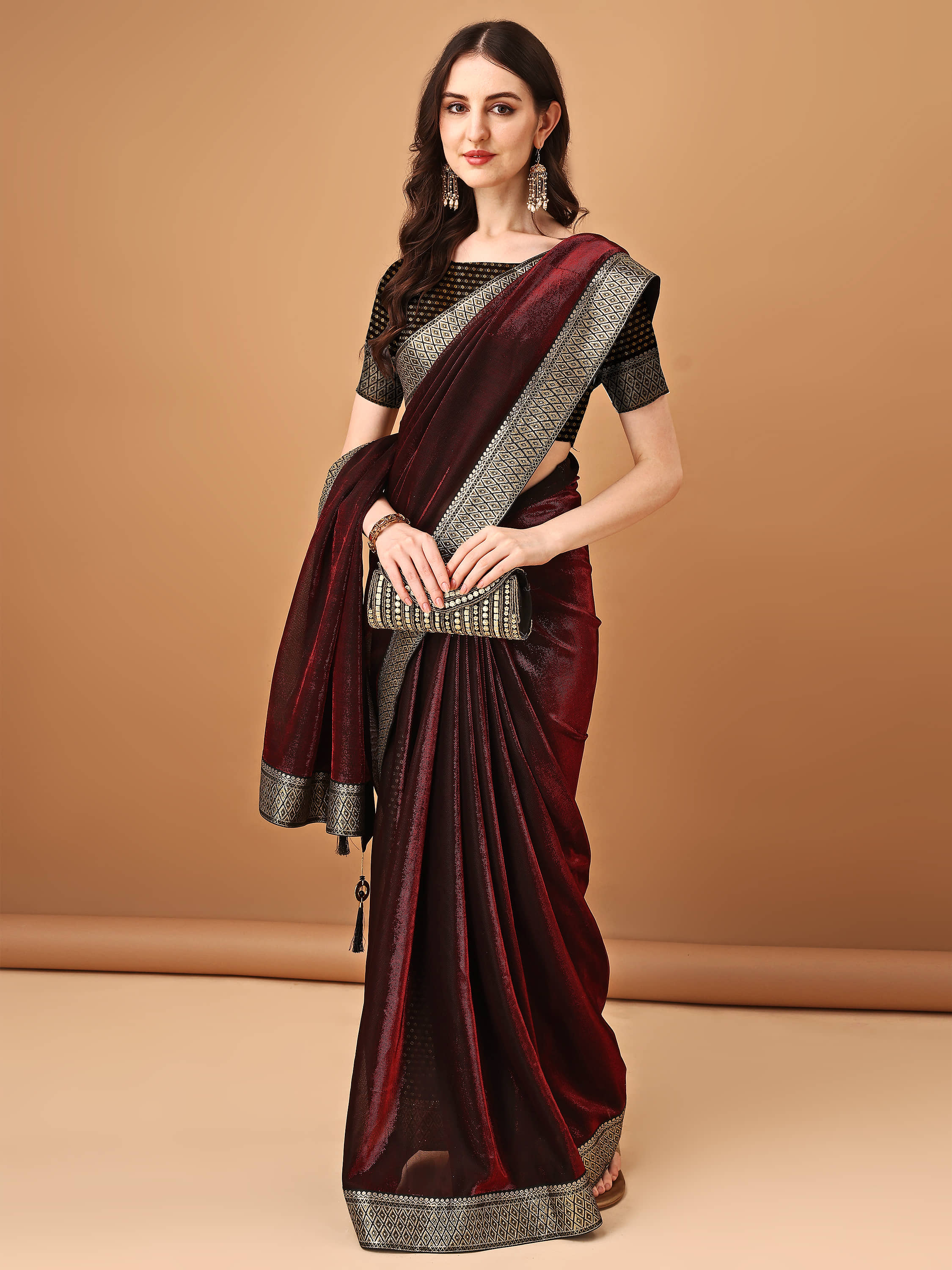 Parmila Fashion Lycra Embellished Saree With Unstitched Blouse Piece ( Maroon ) - Sarees | Buy online on ZillyBuy