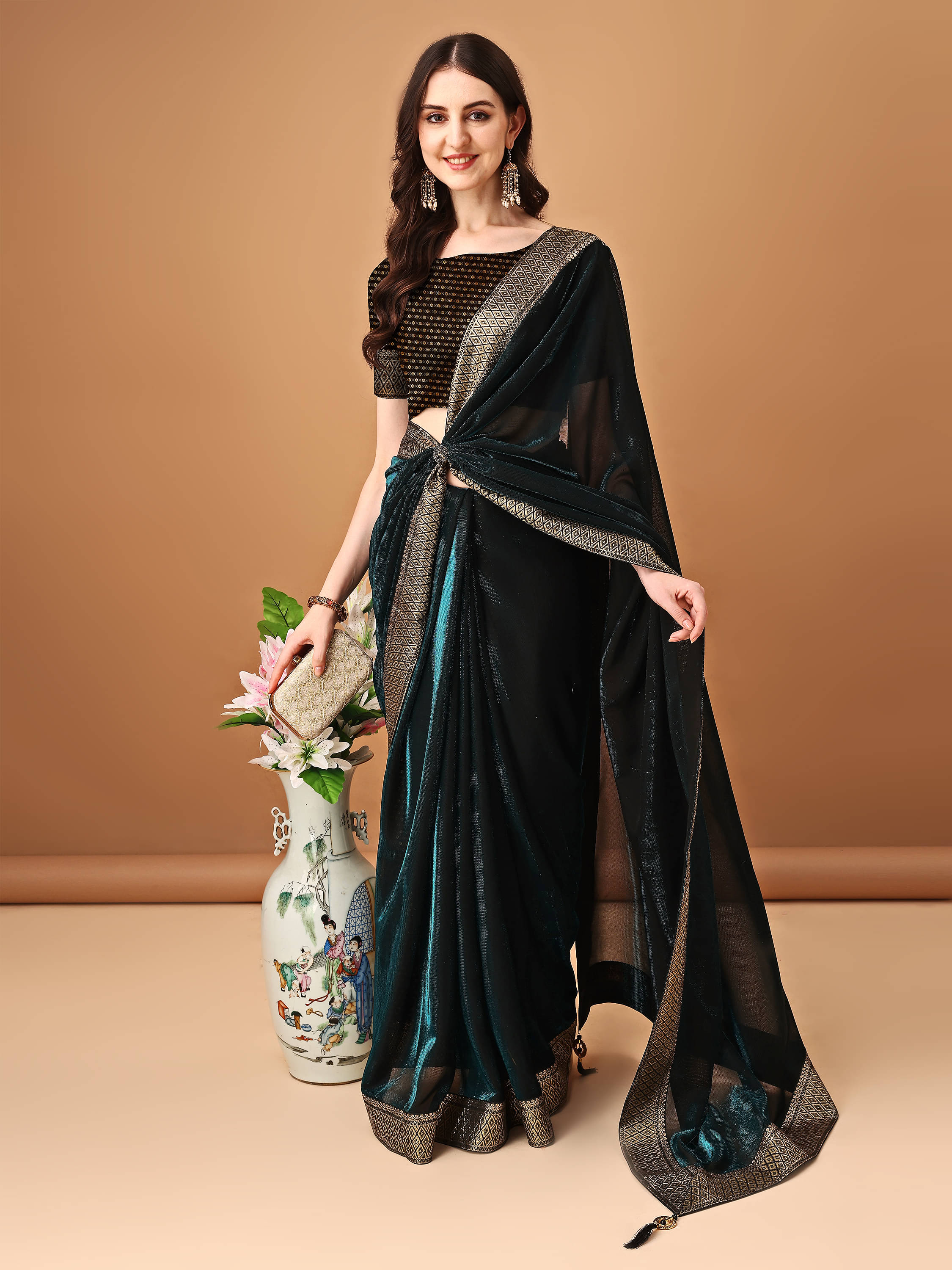     			Parmila Fashion Lycra Embellished Saree With Unstitched Blouse Piece ( Teal )