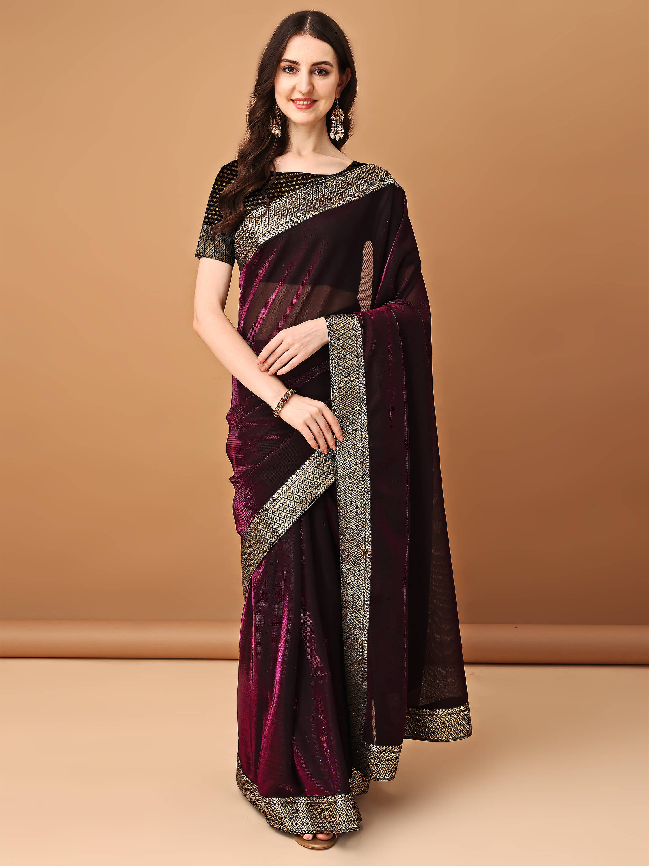 Parmila Fashion Lycra Embellished Saree With Unstitched Blouse Piece ( Wine ) - Sarees | Buy online on ZillyBuy