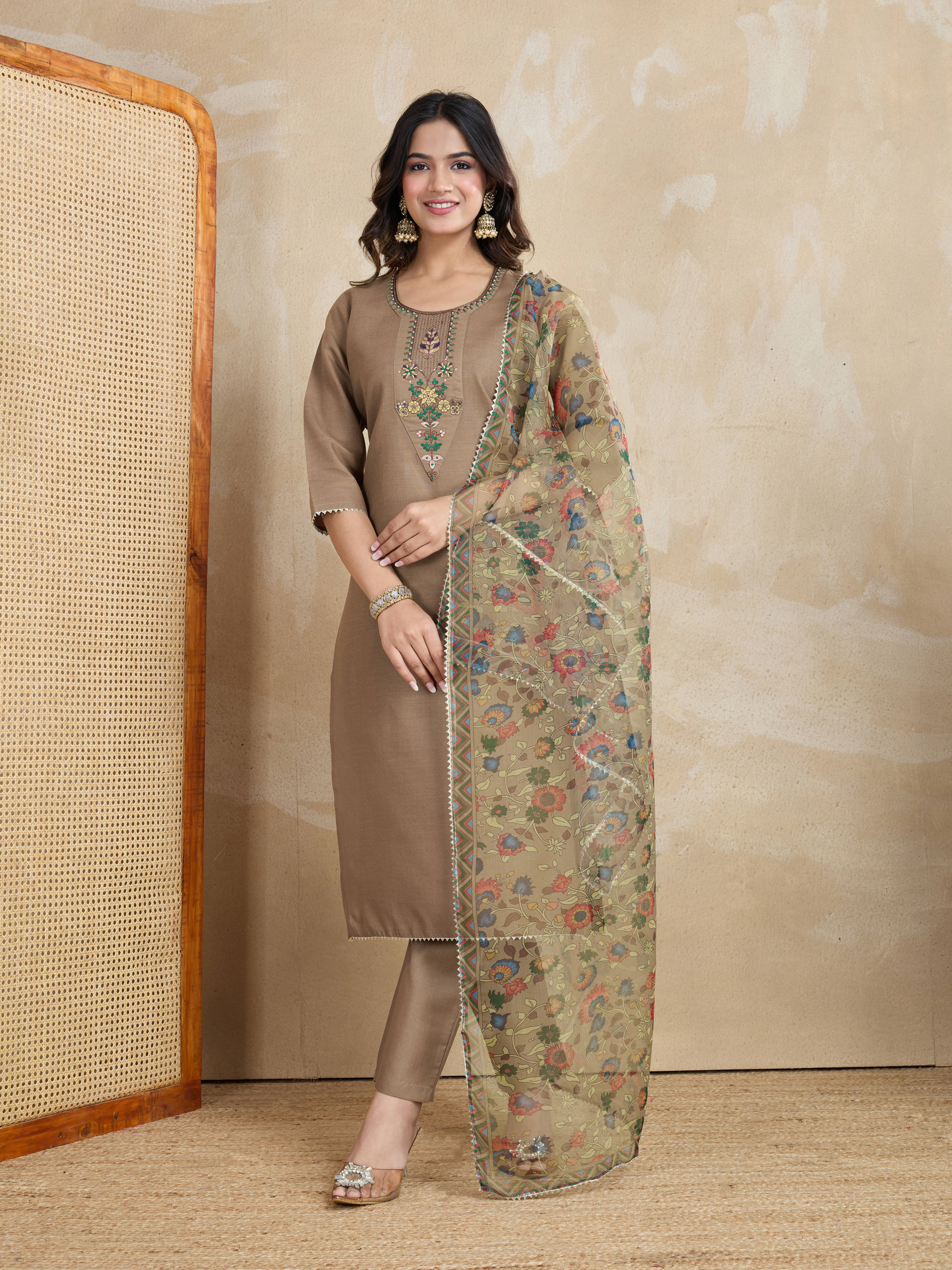 RAS RANI Cotton Printed Kurti With Pants Women's Stitched Salwar Suit - Brown ( Pack of 1 )