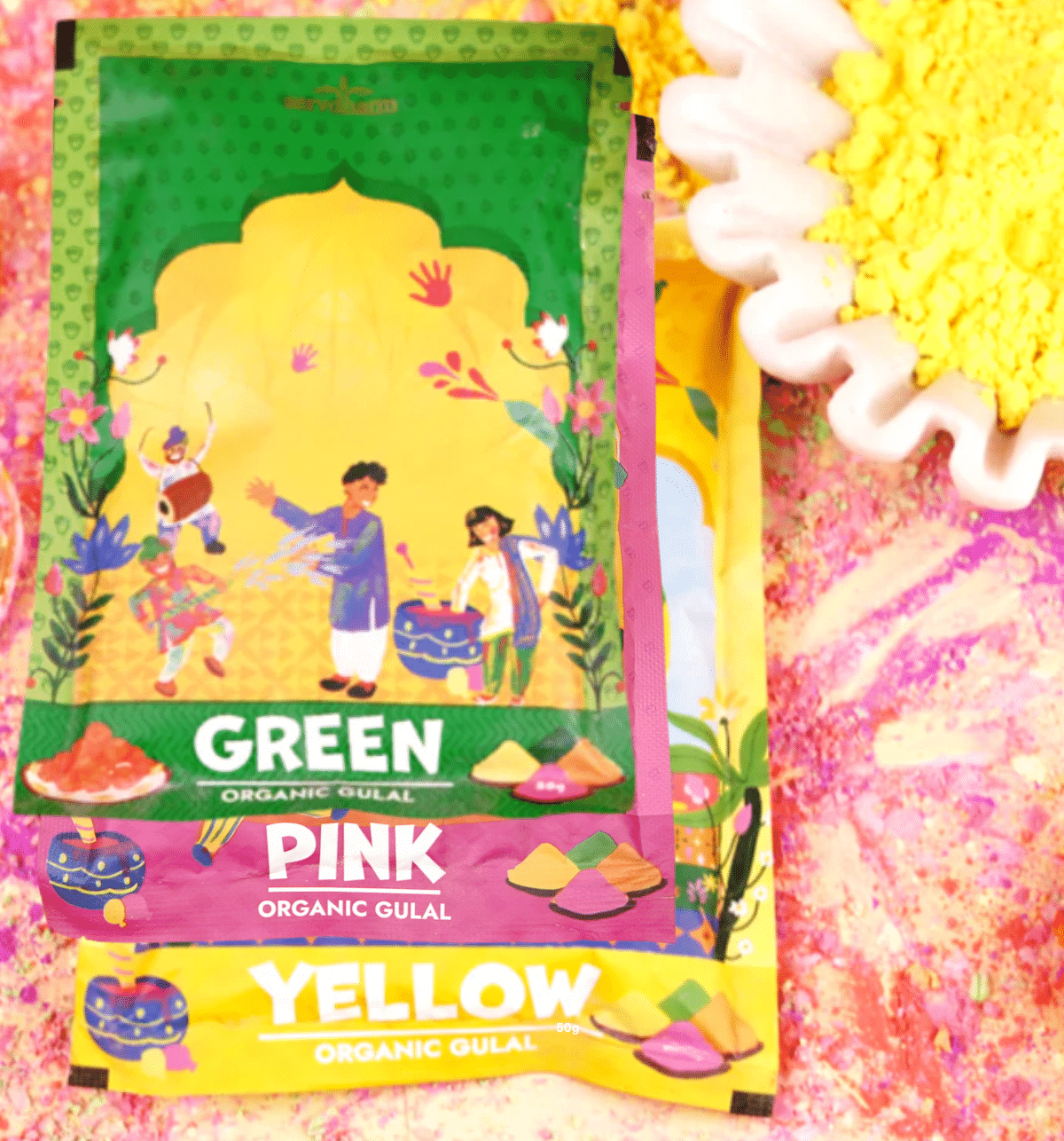     			ServDharm Gulal Yellow, Green & Pink 50 G ( Pack of 3 )