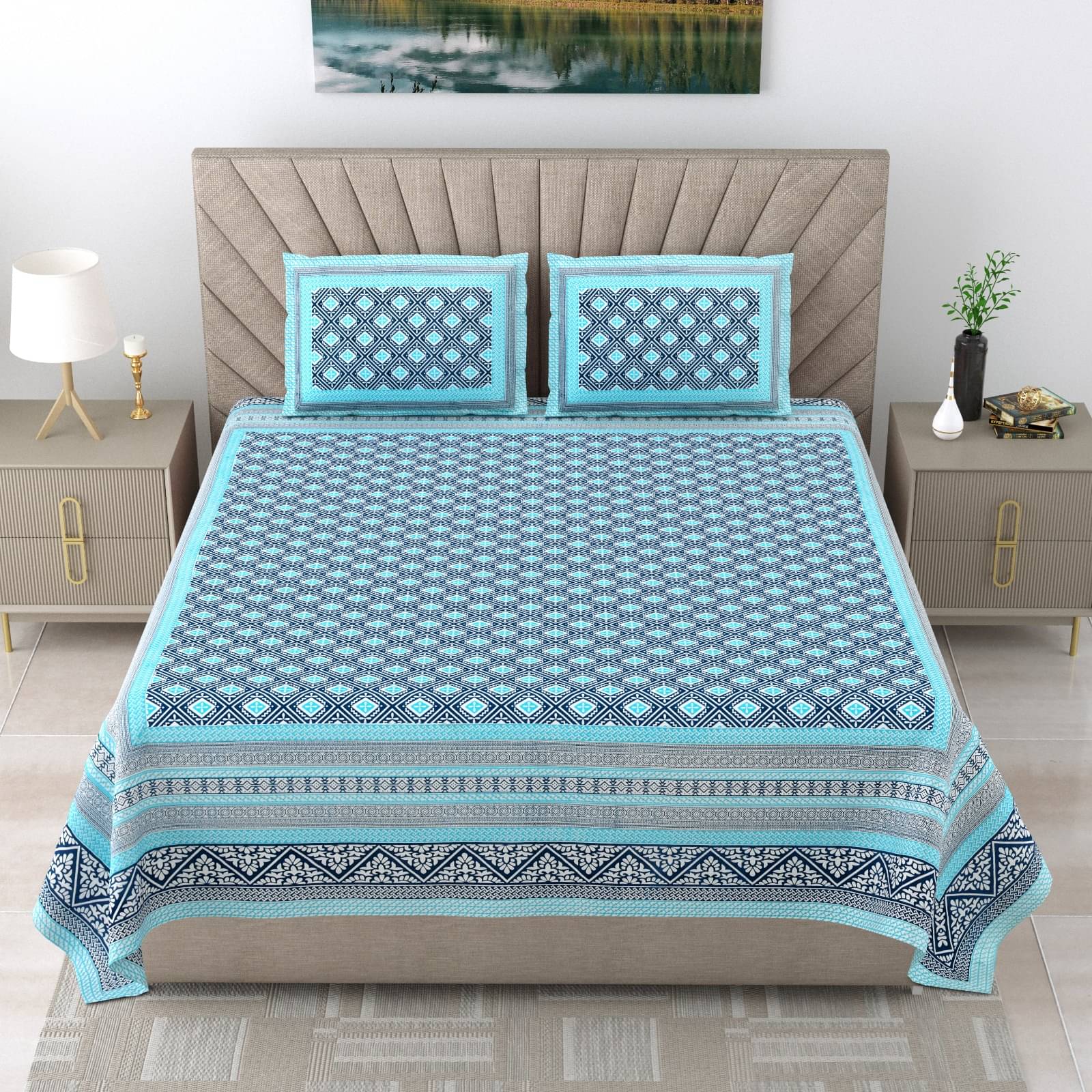     			Shubastik Cotton 1 Double Queen Bedsheet with 2 Pillow Covers ( Blue )