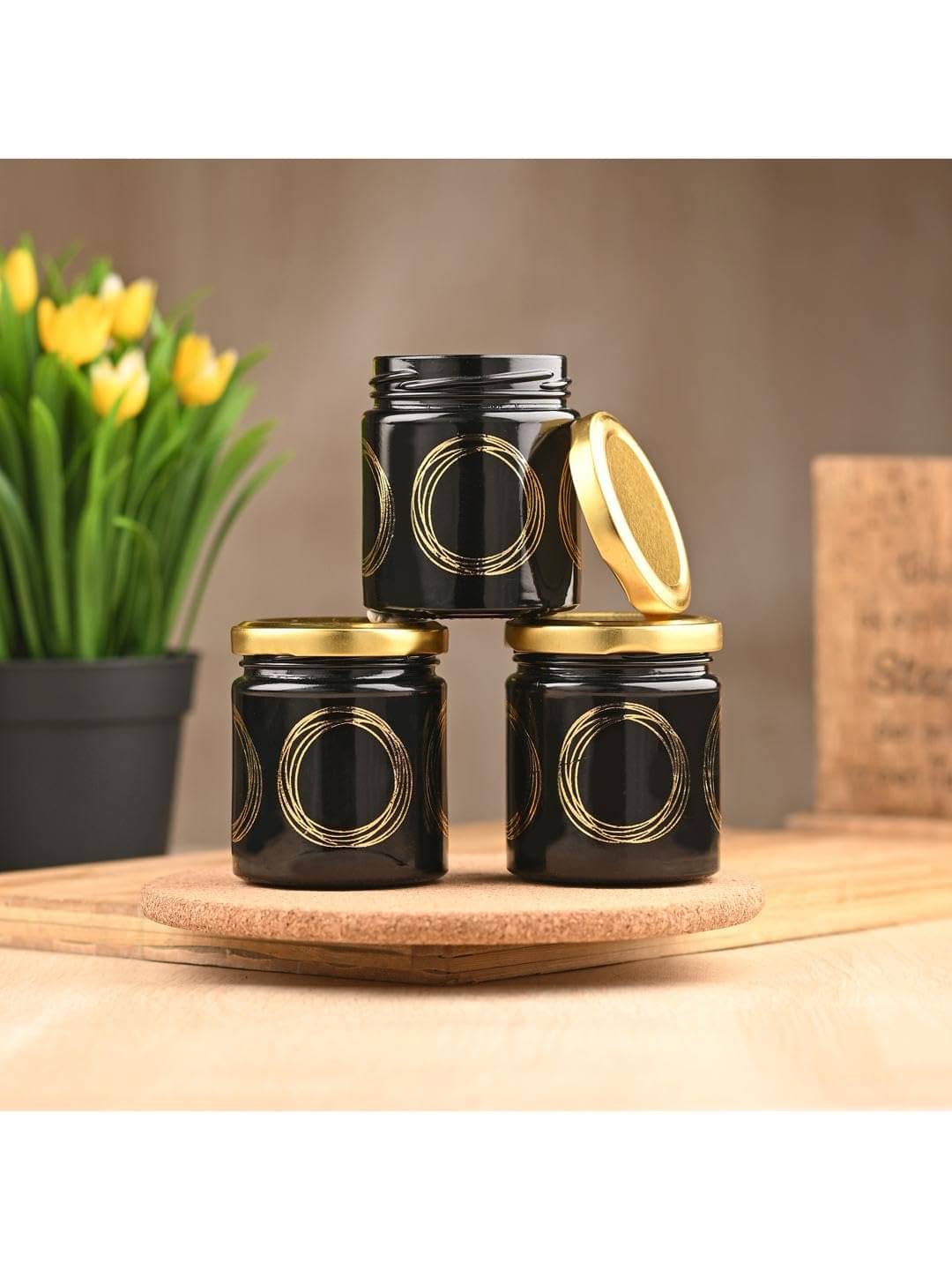     			Somil Clear Storage Jar Glass Black Multi-Purpose Container ( Set of 3 )