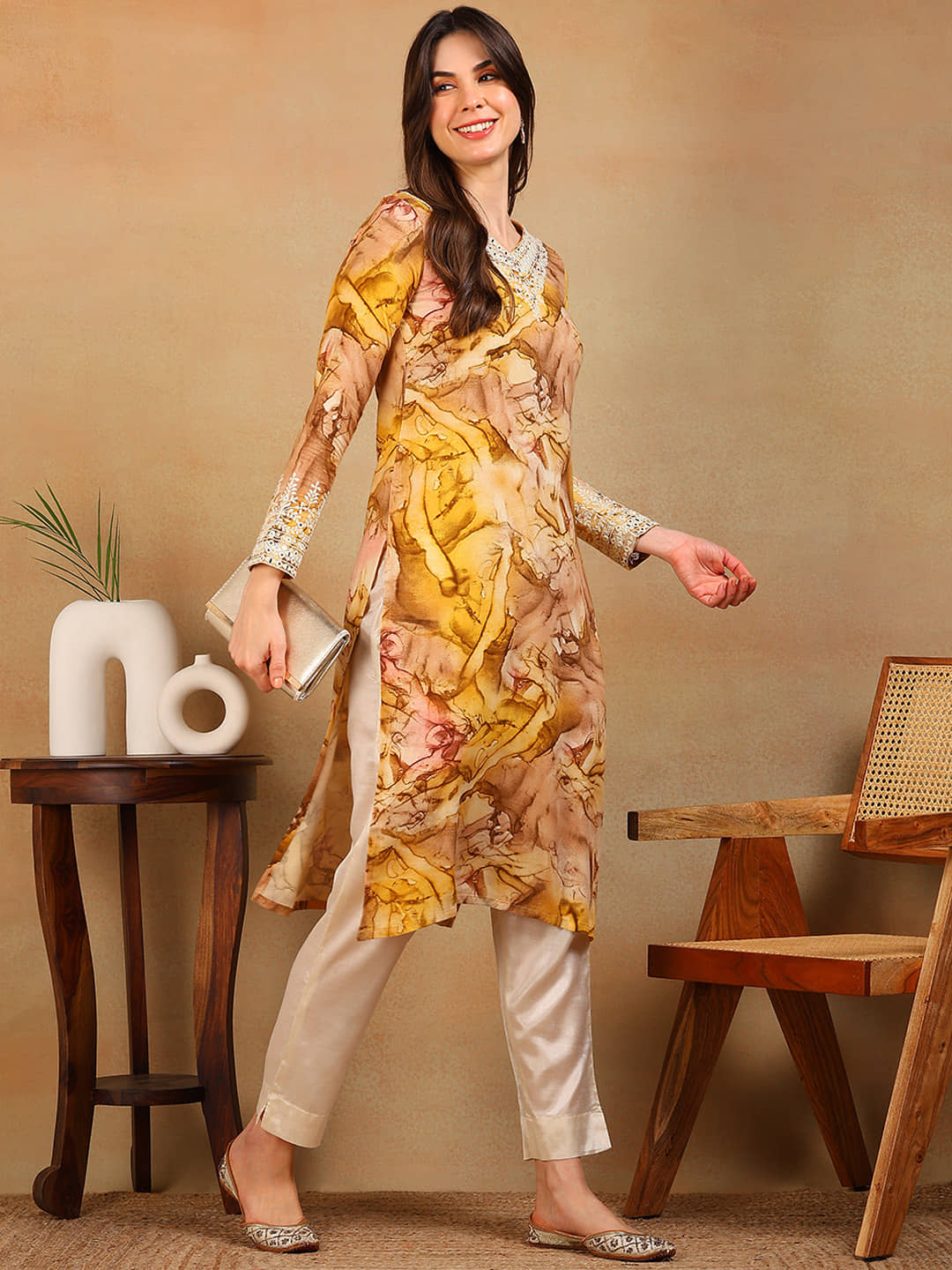Vaamsi Pack of 1 Cotton Blend Embroidered Straight Women's Kurti - ( Mustard ) - Kurtis, Tunics | Buy online on ZillyBuy