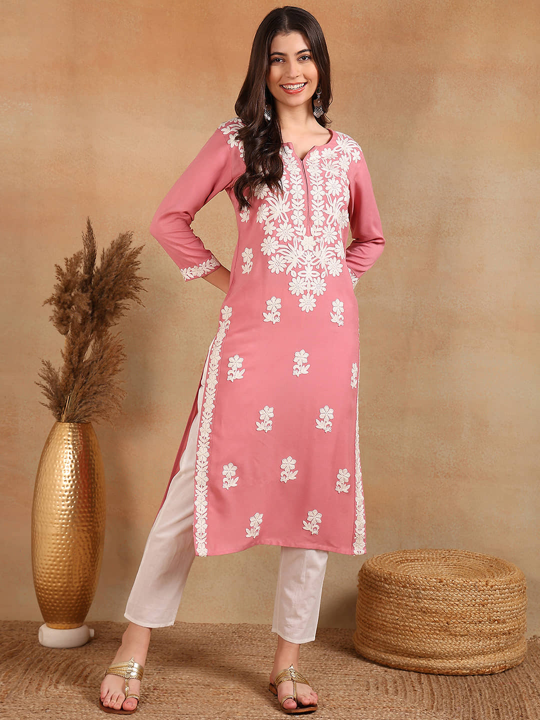 Vaamsi Pack of 1 Rayon Embroidered Straight Women's Kurti - ( Pink ) - Kurtis, Tunics | Buy online on ZillyBuy