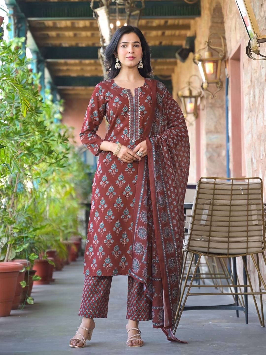    			Vaamsi Rayon Printed Kurti With Pants Women's Stitched Salwar Suit - Brown ( Pack of 1 )