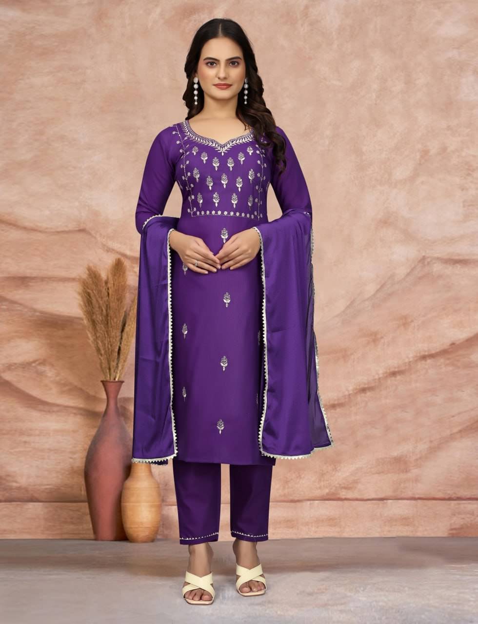     			GOPI SAREE Cotton Blend Embellished Kurti With Pants Women's Stitched Salwar Suit - Purple ( Pack of 1 )