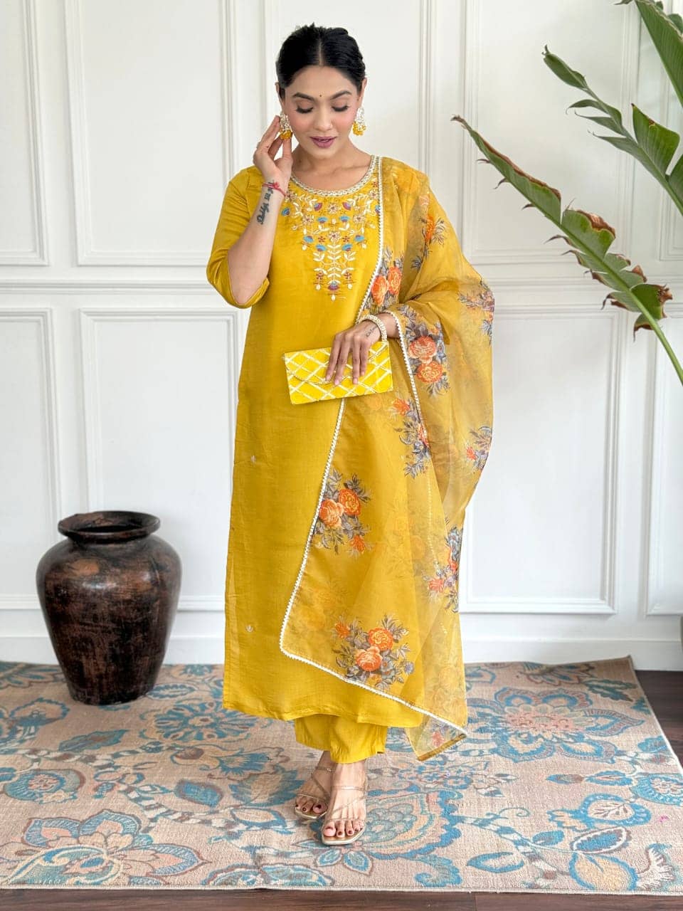 Mahek Fashion Chanderi Embroidered Kurti With Pants Women's Stitched Salwar Suit - Yellow ( Pack of 1 )