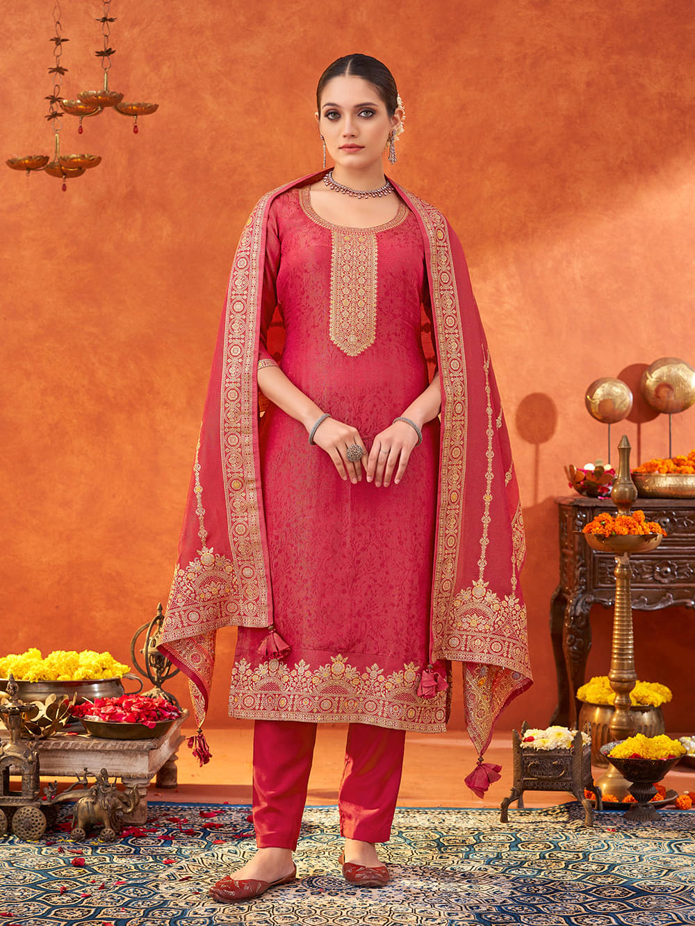 Shaily Silk Blend Embellished Kurti With Pants Women's Stitched Salwar Suit - Pink ( Pack of 1 ) Shaily Silk Blend Embellished Kurti With Pants Women's Stitched Salwar Suit - Pink ( Pack of 1 )