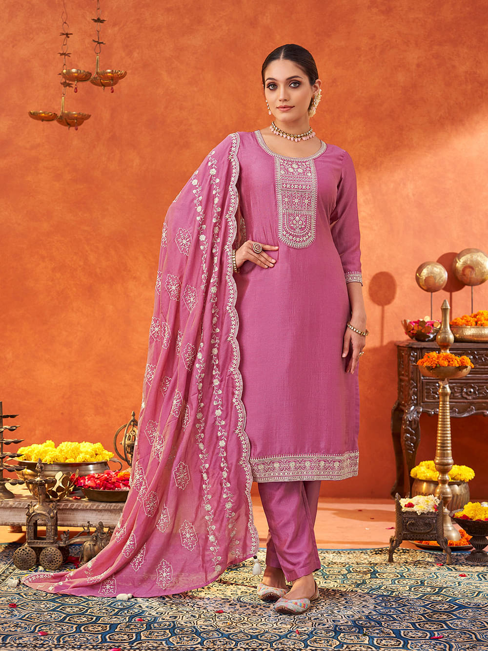     			Shaily Silk Blend Embroidered Kurti With Pants Women's Stitched Salwar Suit - Pink ( Pack of 1 )