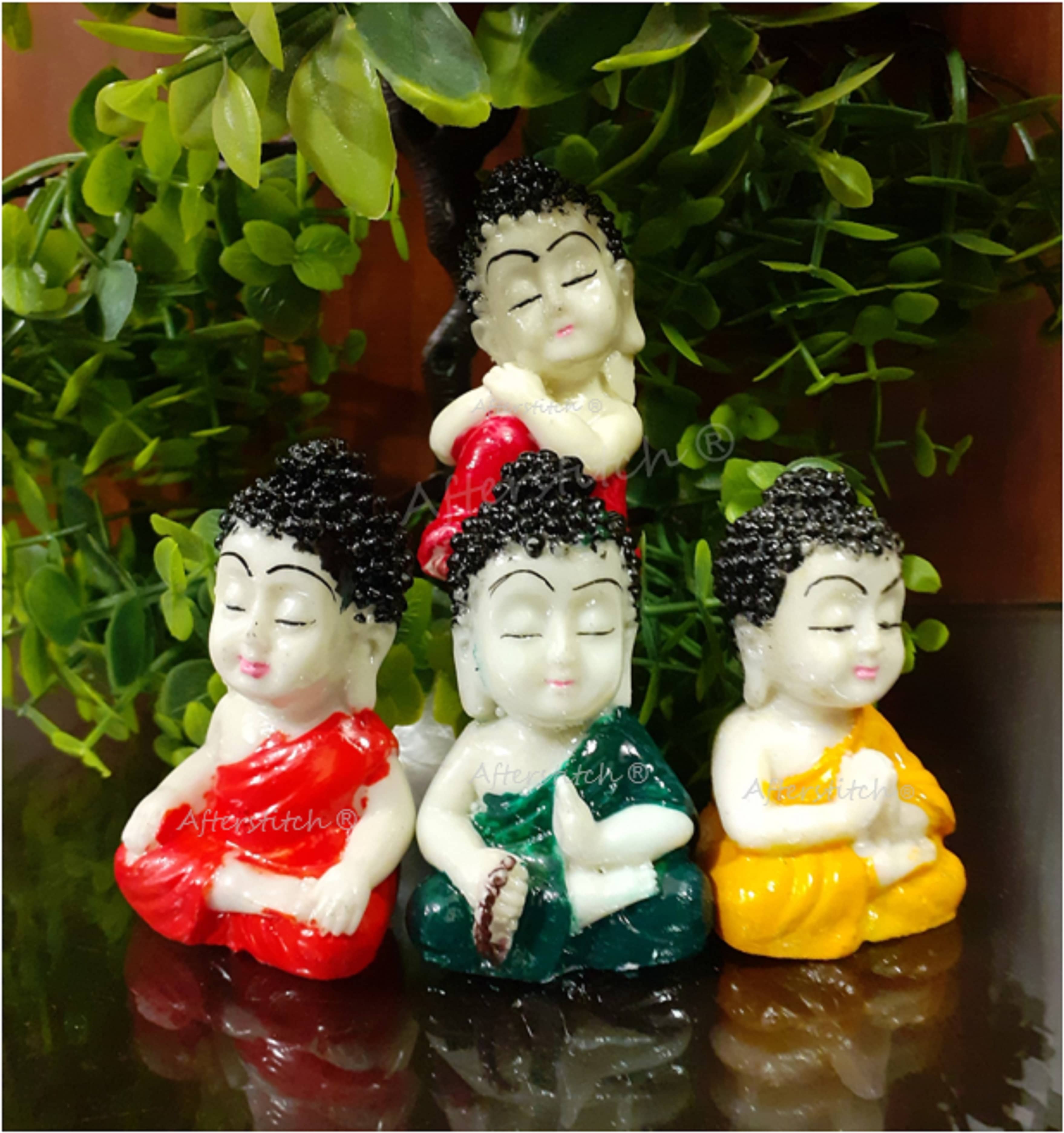 AFTERSTITCH baby buddh monk set opf 4 idol staue for car deshboard  home office table decor 5.5 cm  (Pack of 4)