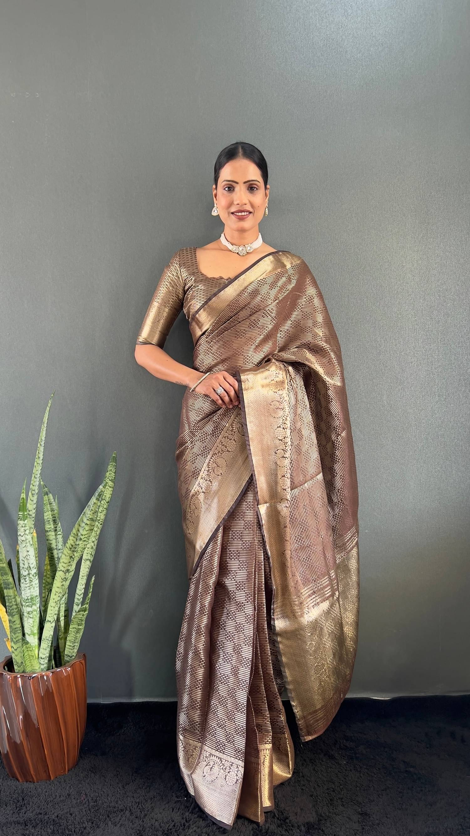     			Aika Tissue Embellished Saree With Unstitched Blouse Piece ( Brown )