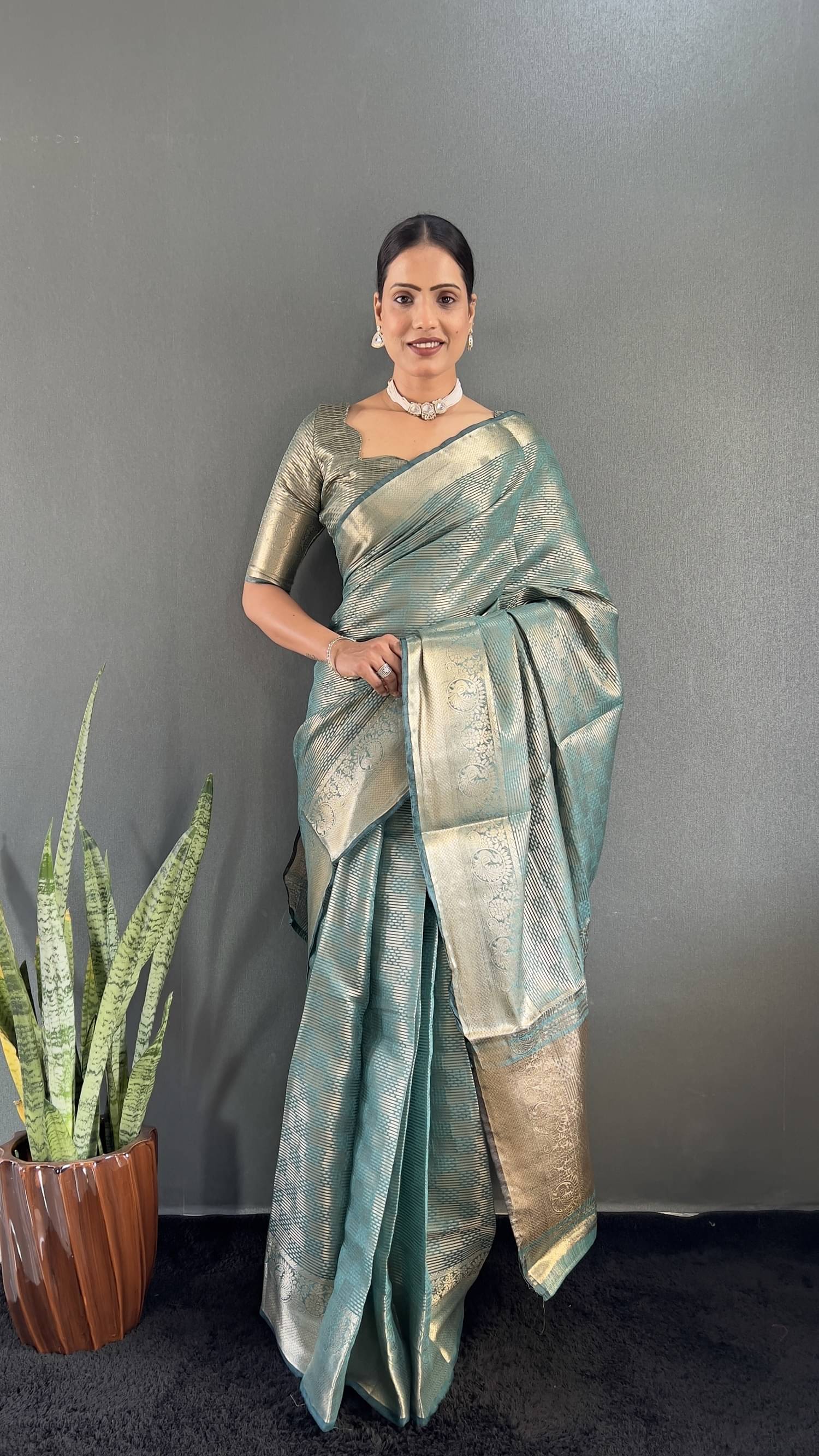 Aika Tissue Embellished Saree With Unstitched Blouse Piece ( Rama ) Aika Tissue Embellished Saree With Unstitched Blouse Piece ( Rama )