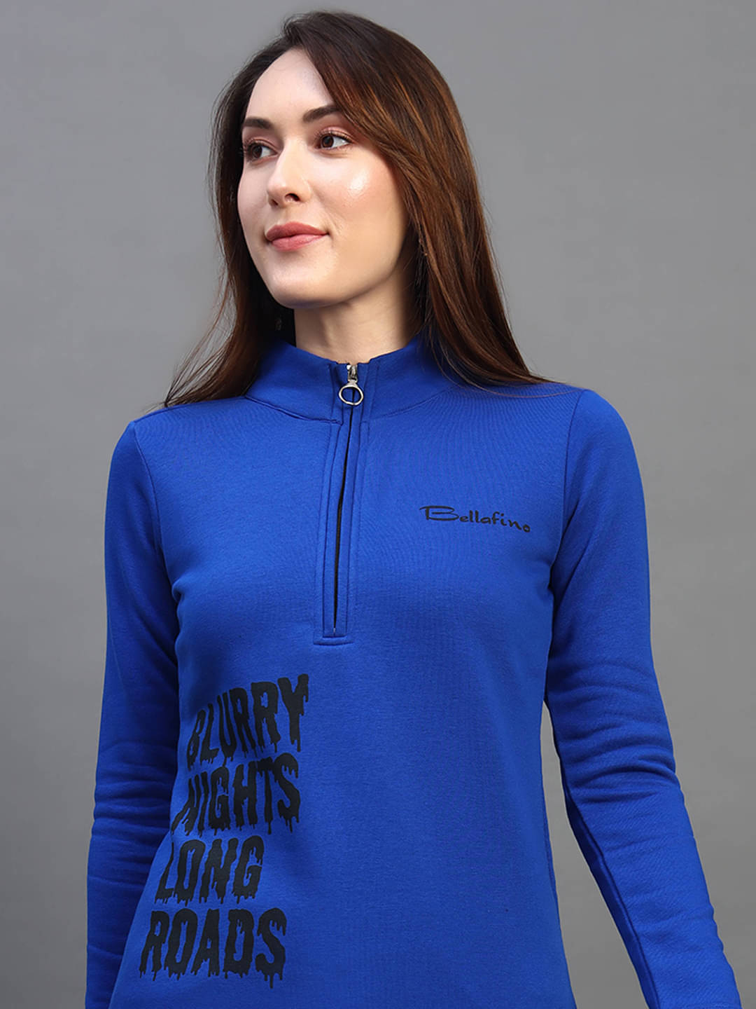     			BELLAFINO Fleece Women's Non Hooded Sweatshirt ( Blue )