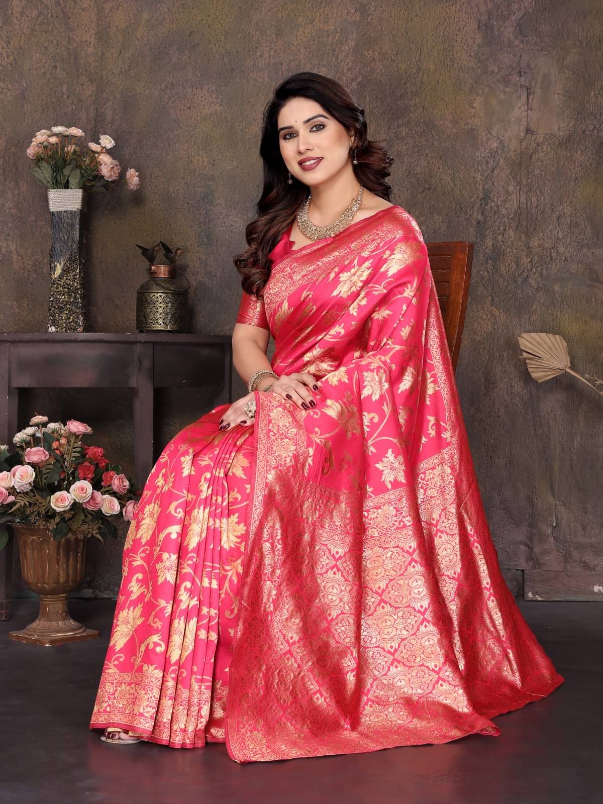 BLEESBURY Kanjivaram Silk Woven Saree With Unstitched Blouse Piece ( Pink )     			BLEESBURY Kanjivaram Silk Woven Saree With Unstitched Blouse Piece ( Pink )