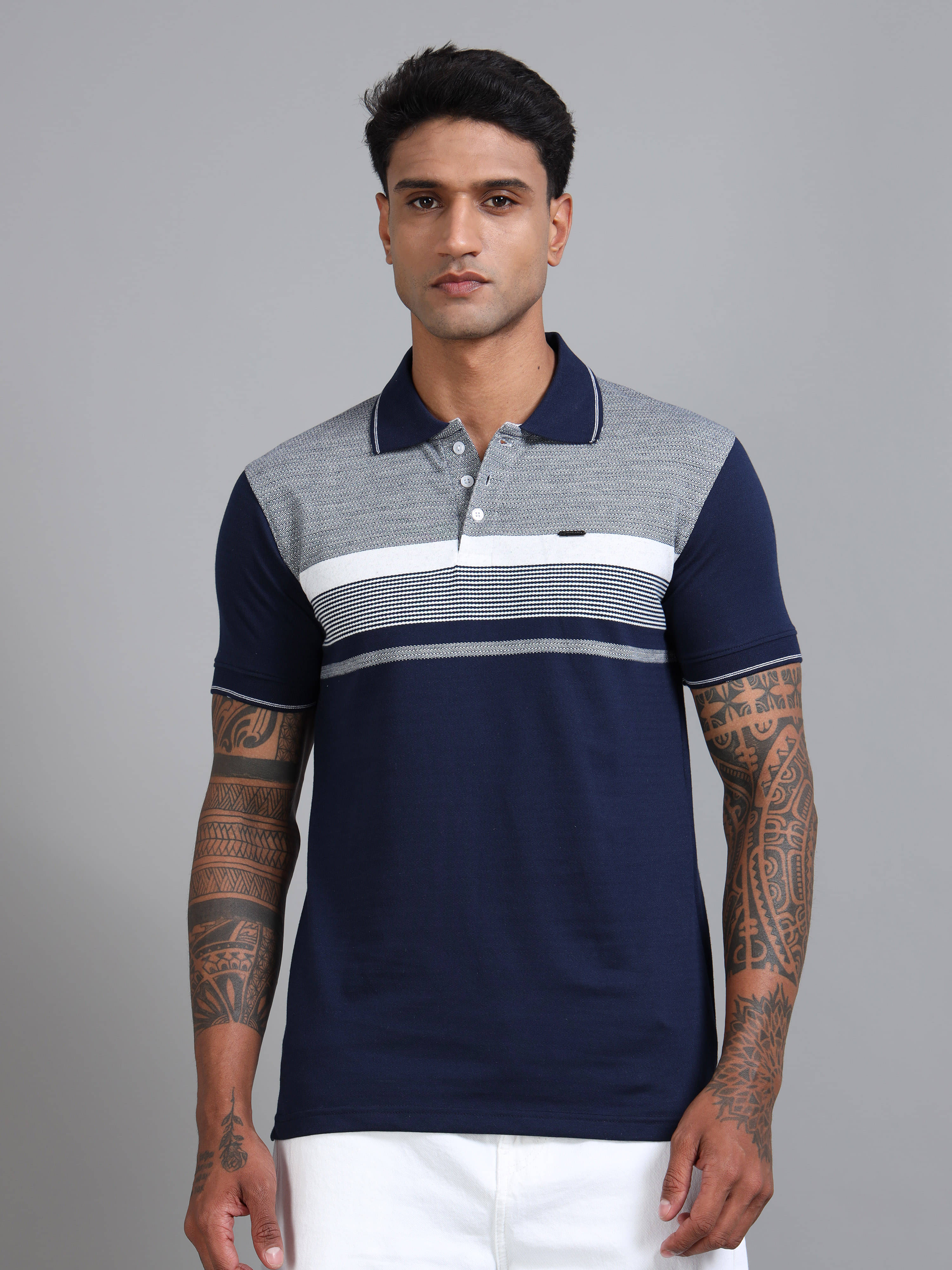 BLUE ARC Pack of 1 Cotton Regular Fit Striped Half Sleeves Men's Polo T Shirt ( Navy Blue )     			BLUE ARC Pack of 1 Cotton Regular Fit Striped Half Sleeves Men's Polo T Shirt ( Navy Blue )
