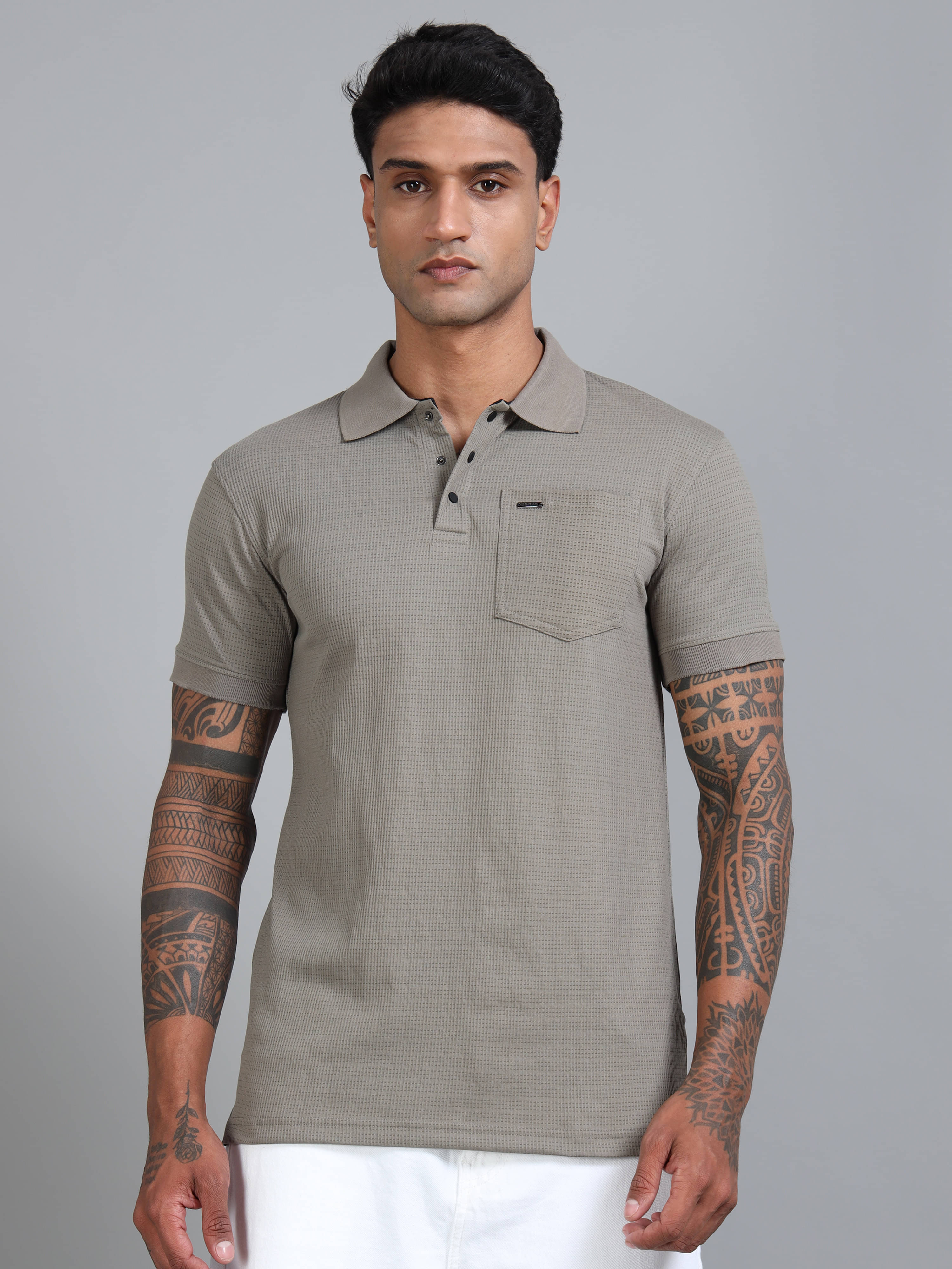 BLUE ARC Pack of 1 Cotton Regular Fit Self Design Half Sleeves Men's Polo T Shirt ( Grey ) BLUE ARC Pack of 1 Cotton Regular Fit Self Design Half Sleeves Men's Polo T Shirt ( Grey )