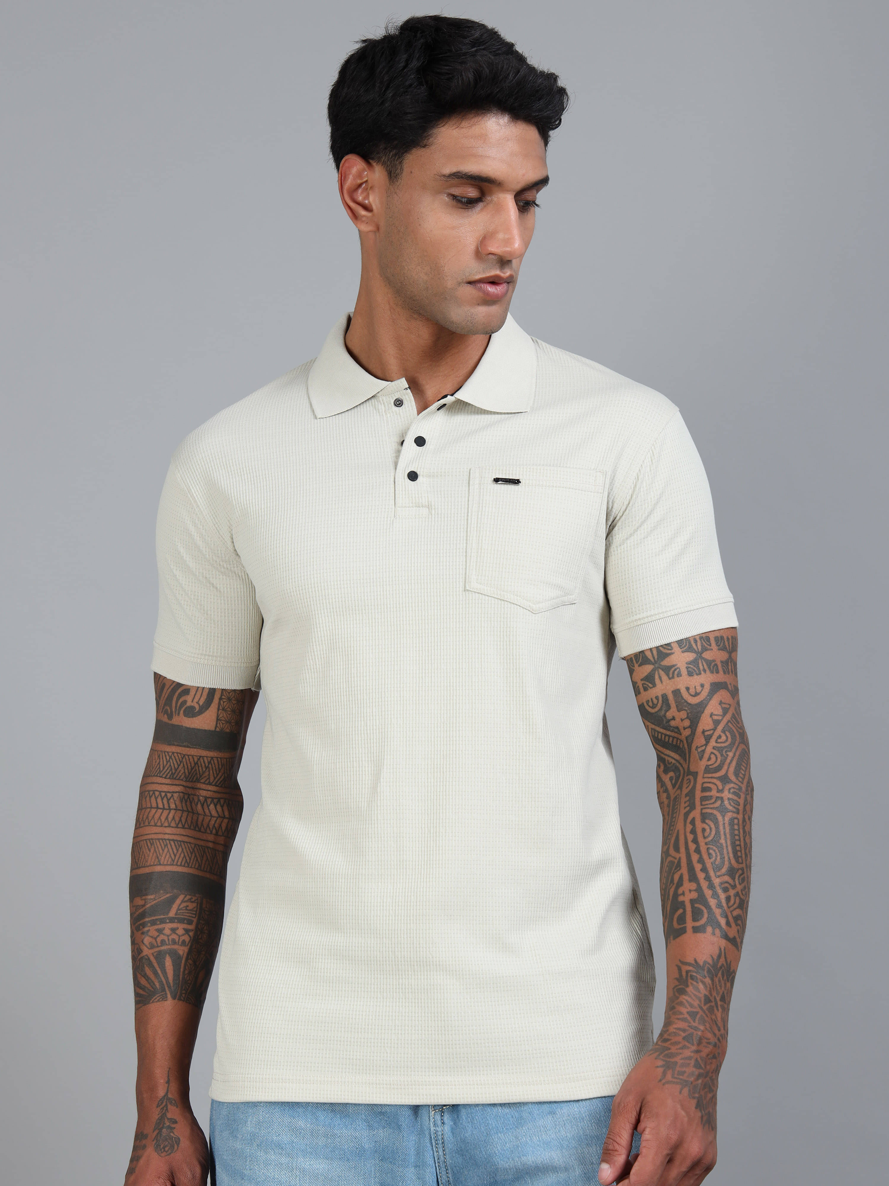     			BLUE ARC Pack of 1 Cotton Regular Fit Self Design Half Sleeves Men's Polo T Shirt ( Cream )