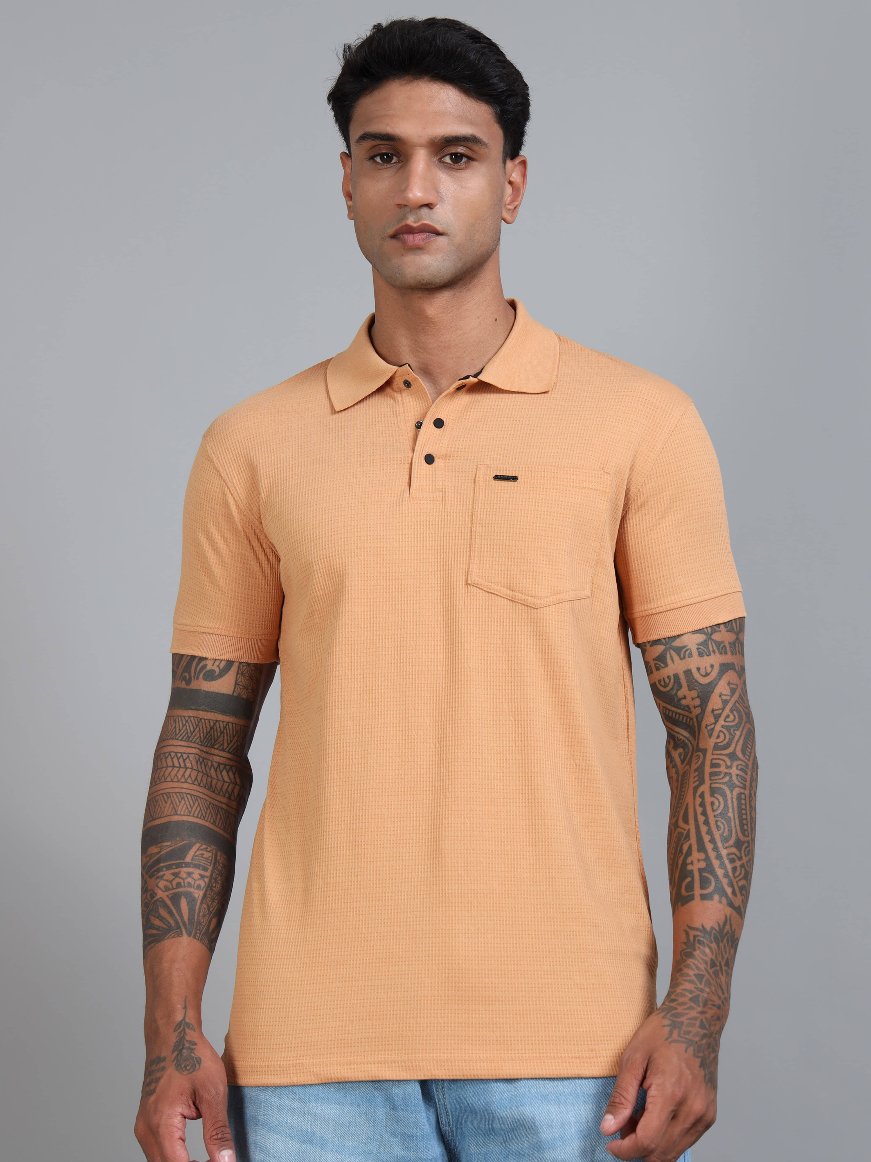 BLUE ARC Pack of 1 Cotton Regular Fit Self Design Half Sleeves Men's Polo T Shirt ( Orange ) BLUE ARC Pack of 1 Cotton Regular Fit Self Design Half Sleeves Men's Polo T Shirt ( Orange )