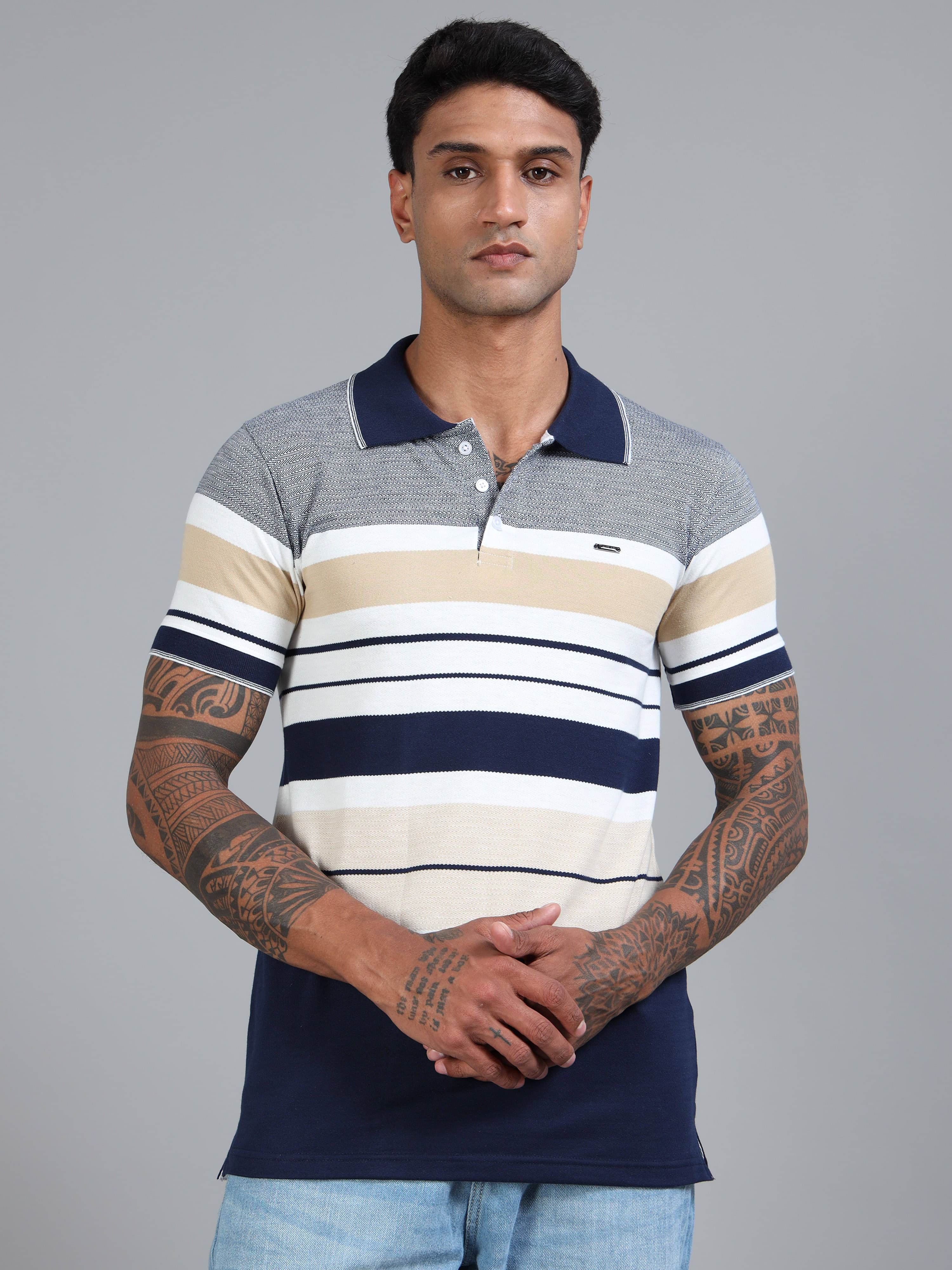 BLUE ARC Pack of 1 Cotton Regular Fit Striped Half Sleeves Men's Polo T Shirt ( Beige ) BLUE ARC Pack of 1 Cotton Regular Fit Striped Half Sleeves Men's Polo T Shirt ( Beige )